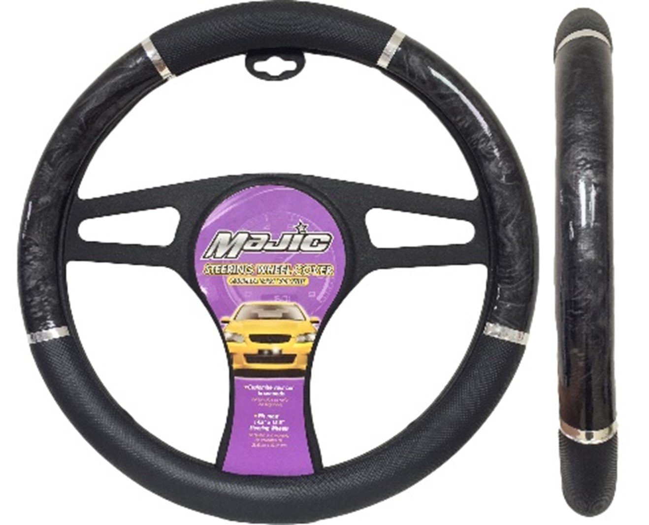 Universal Fit All-Weather Steering Wheel Cover - Black Gray Wood Grain with Silver Stripes | Non-Slip Grip for Cars, Trucks & SUVs | Comfort & Style for Daily Commute & Road Trips