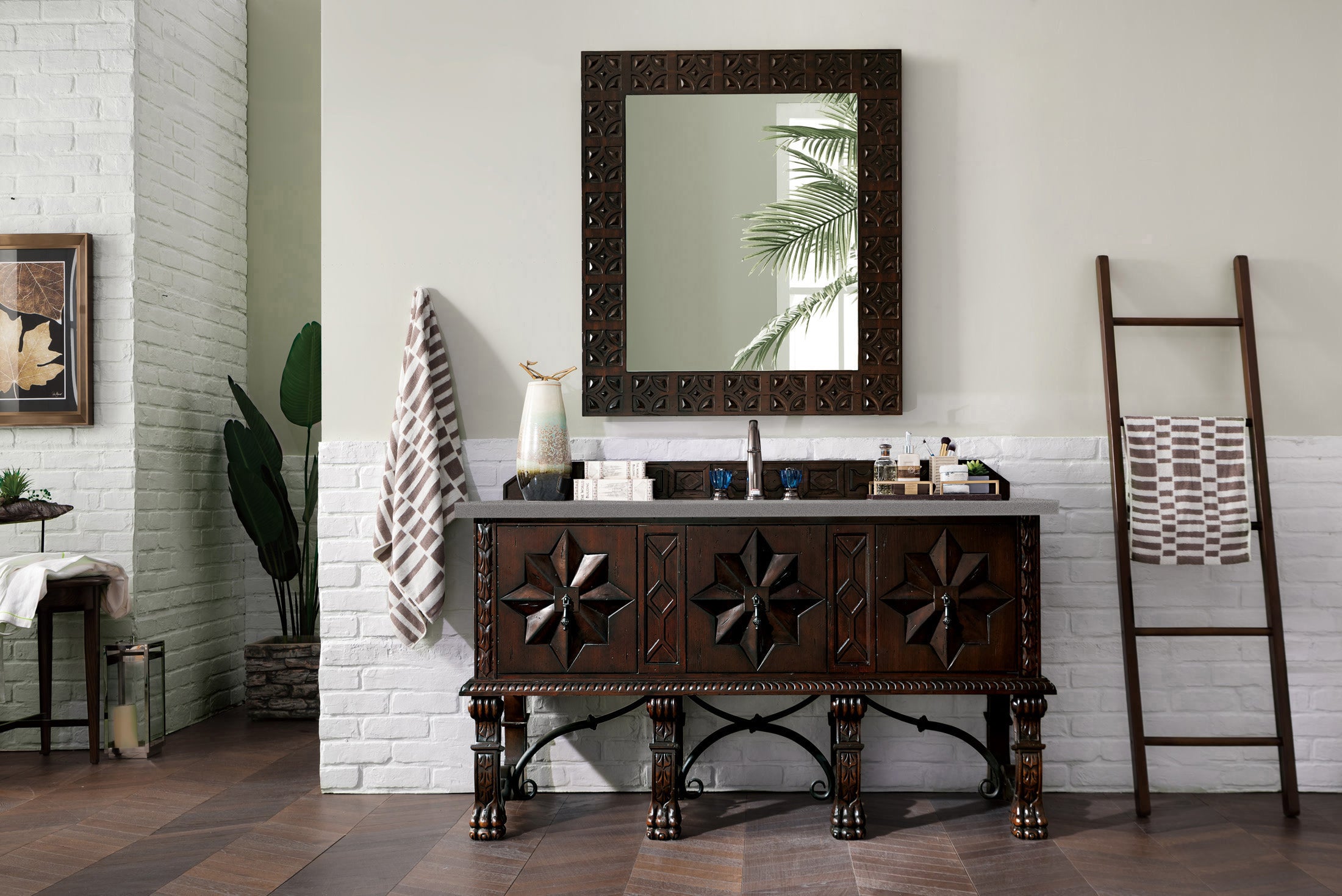 Balmoral 60 Inch Single Bathroom Vanity Cabinet with 3CM Grey Expo Quartz Countertop - Antique Walnut Finish for Modern & Traditional Bathrooms