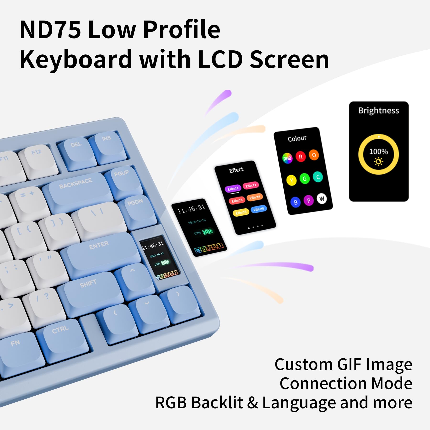 Chilkey ND75 LP Low Profile Aluminum Mechanical Keyboard - 75% Wireless Gaming Keyboard with Screen, Tri-Mode (Bluetooth/Wired/2.4G), Quick Disassembly, RGB Backlit - Compact Design for PC, Laptop & Office Work (Blue) | Perfect for Gaming, Programming & Productivity