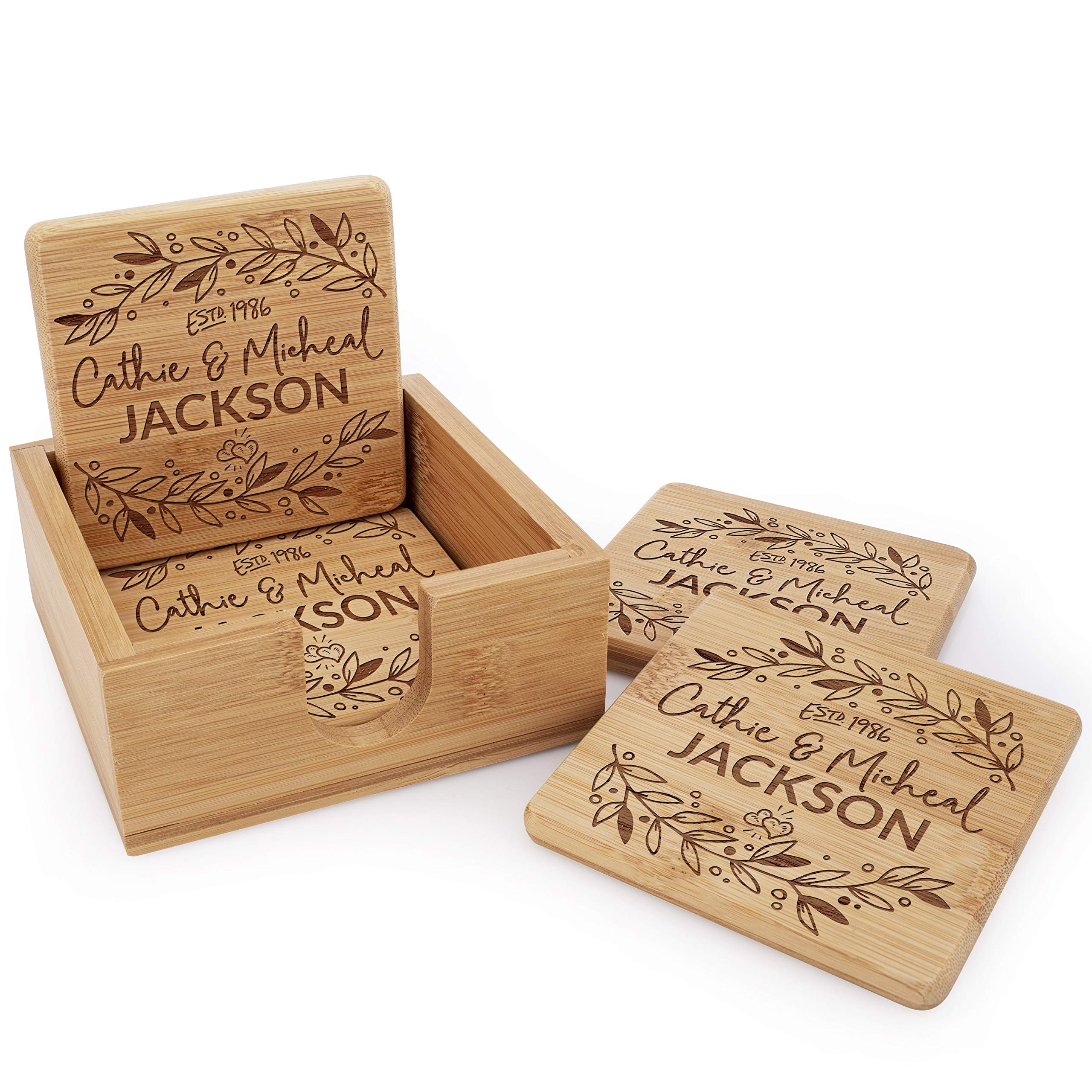 Custom Laser Engraved Bamboo Coasters Set of 4 with Holder - Wedding & Anniversary Gifts for Couples - Home Bar Decor
