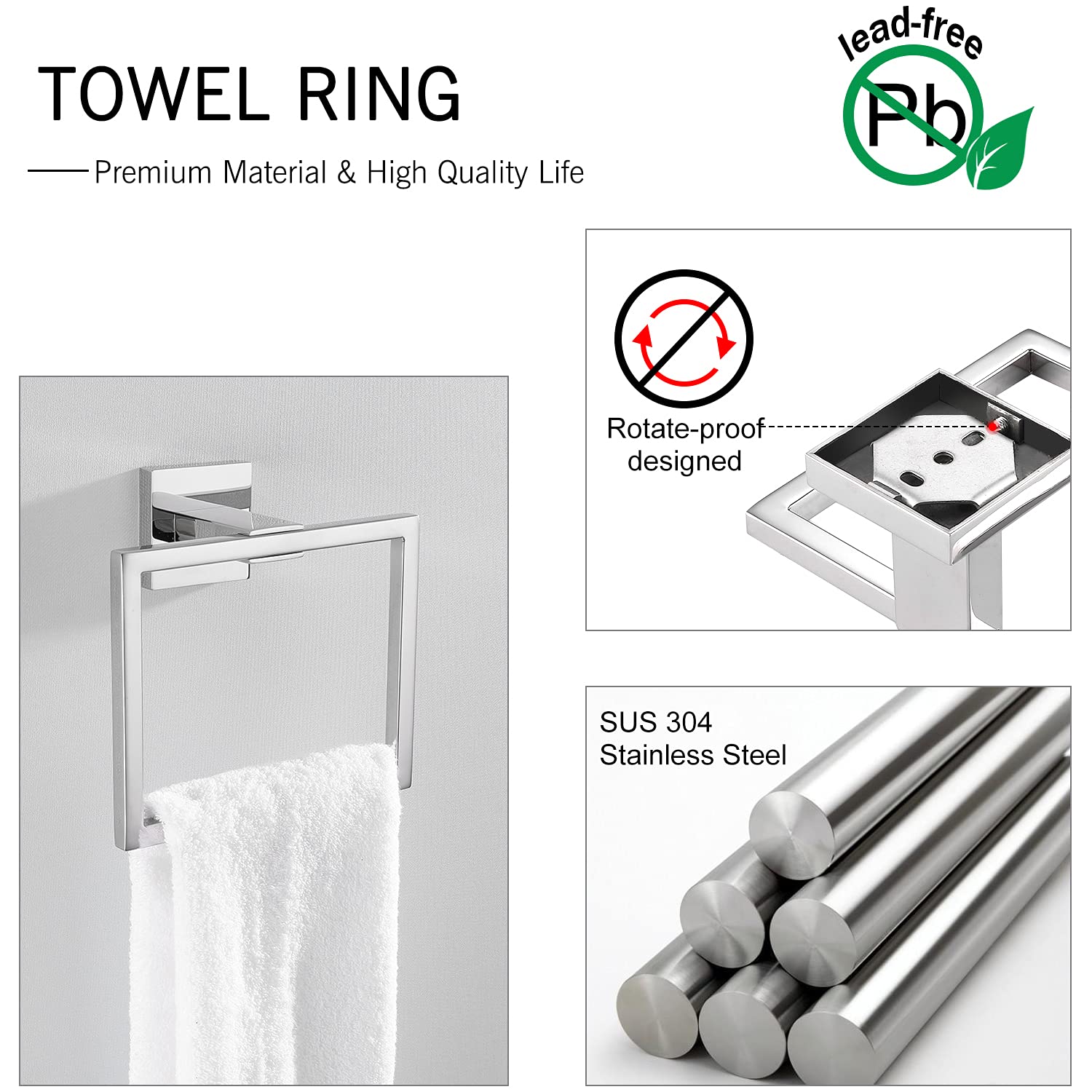 5-Piece Stainless Steel Bathroom Hardware Set - 304 Thickened Square Towel Rack, Chrome Polished Hand Towel Holder & 2 Robe Hooks for Modern Bathroom Decor - Perfect for Home, Hotel & Spa Use