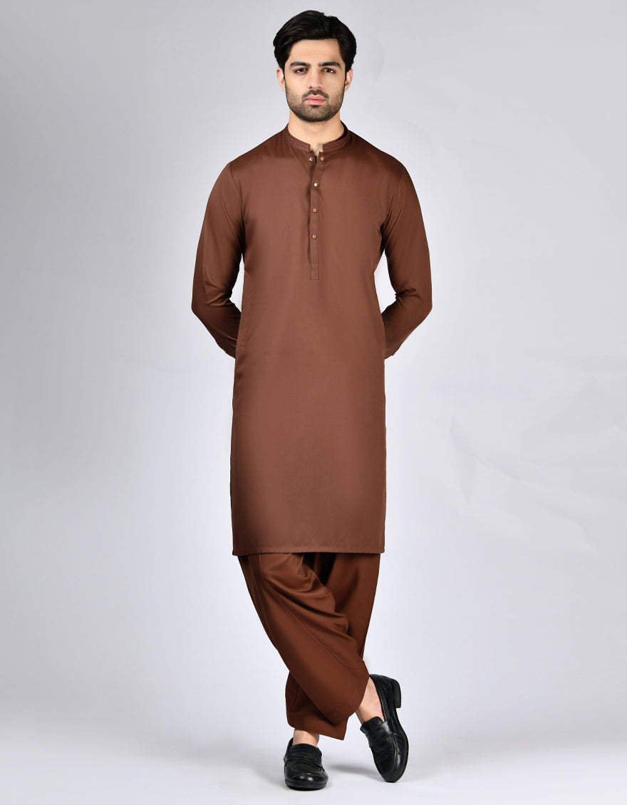 Elegant Blended Brown Shalwar Kameez by J. Junaid Jamshed - Premium Pakistani Traditional Outfit for Men - Perfect for Weddings, Eid & Special Occasions