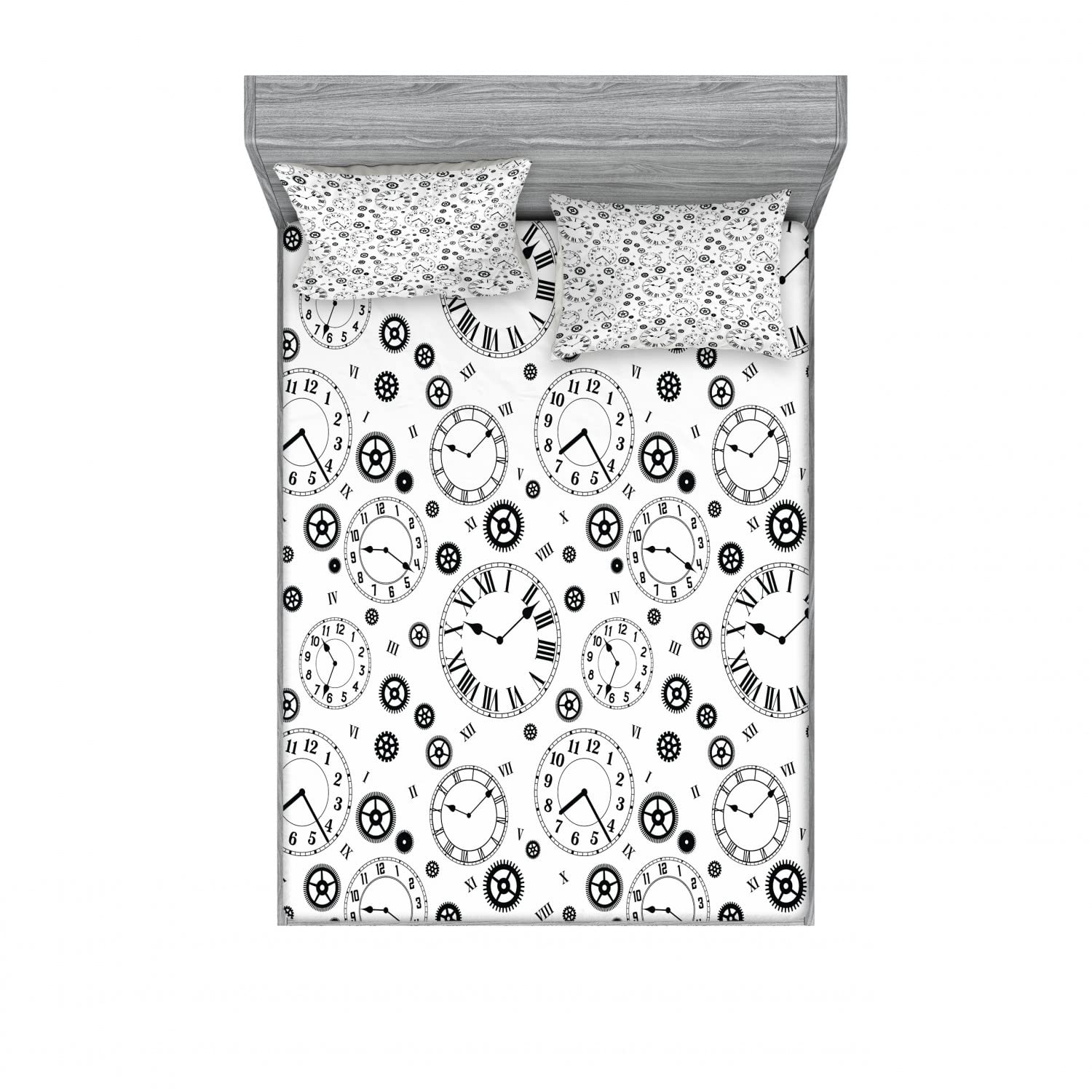 Ambesonne 2-Pack Clock Gear Design Fitted Sheet & Pillow Sham Set - 4 Piece Bedding Collection (2 Twin XL Fitted Sheets + 4 Pillow Covers) - Black & White Steampunk Style - Perfect for Dorm Rooms, Guest Beds & Themed Bedroom Decor