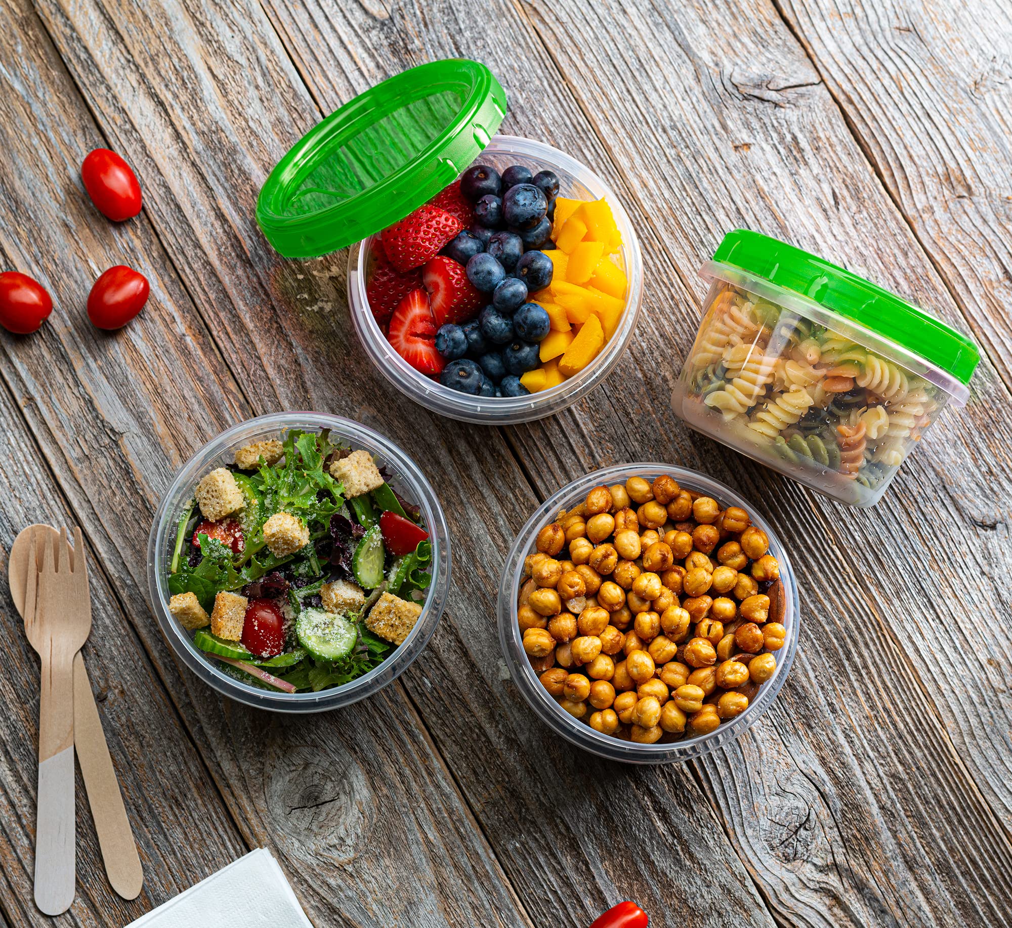 16oz (20 Pack) Clear Bottom Green Top Twist Cap Food Storage Containers with Screw-On Lids - Perfect for Meal Prep, Freezer Storage & Leftovers Organization