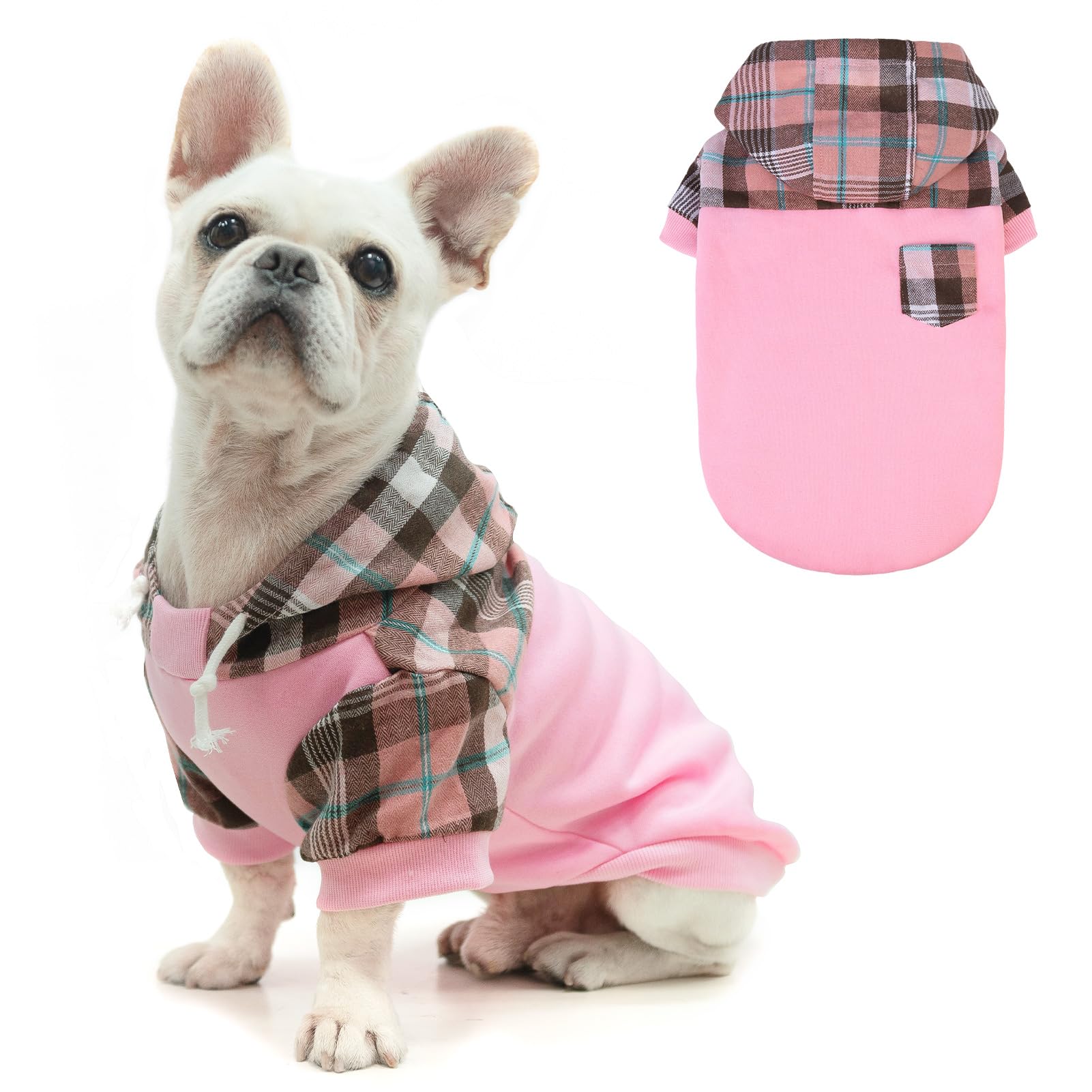Plaid Dog Hoodie for Small, Medium & Large Dogs - Warm Fleece Sweatshirt with Hat & Leash Hole | Cozy Pullover Dog Sweater for Puppies, Bulldogs (XS, S, M, L) | Perfect for Winter Walks & Indoor Comfort