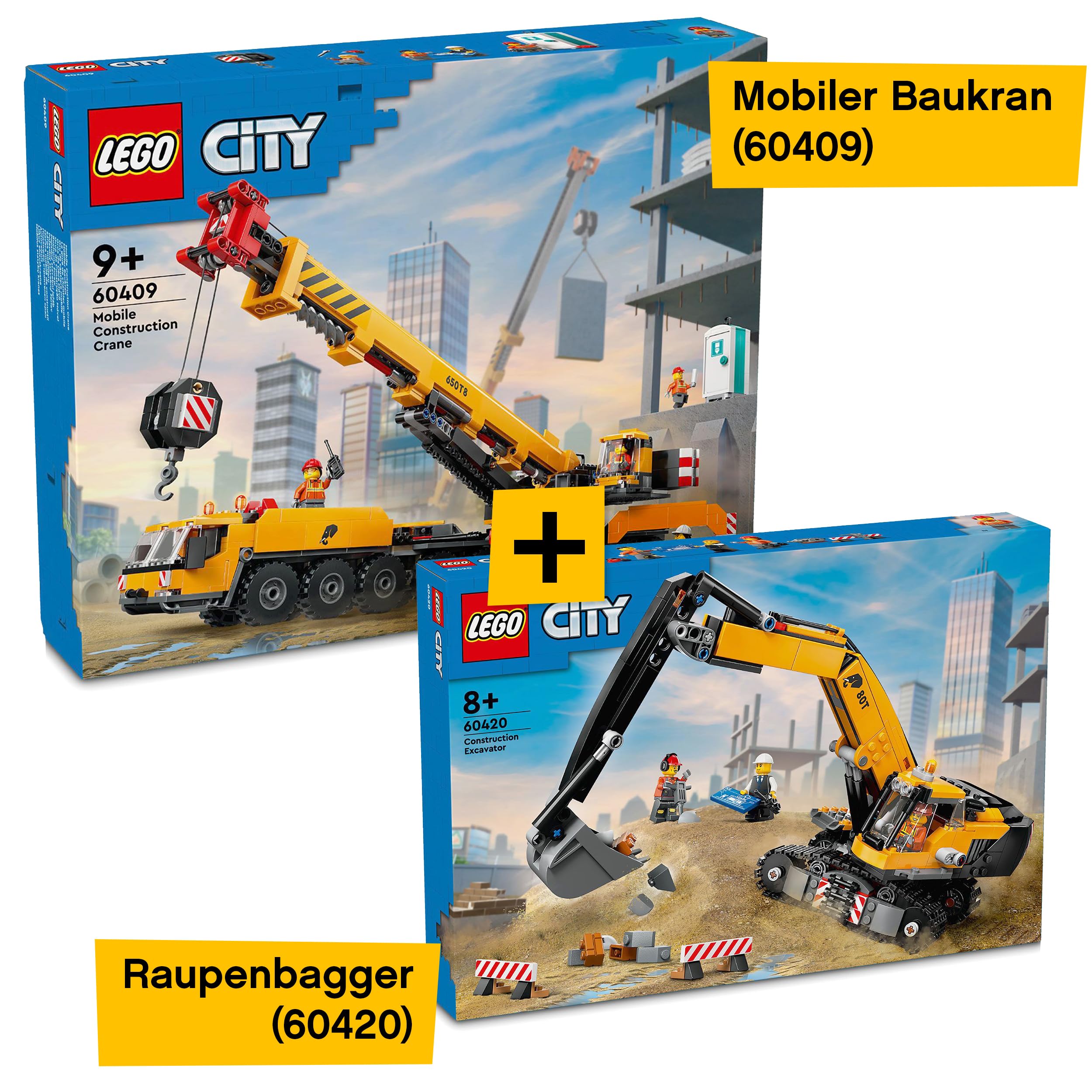 LEGO City Construction Crane & Excavator Set (60409 & 60420) - Mobile Crane & Tracked Digger Building Toy for Kids Ages 9+ - Creative Construction Playset for STEM Learning & Pretend Play