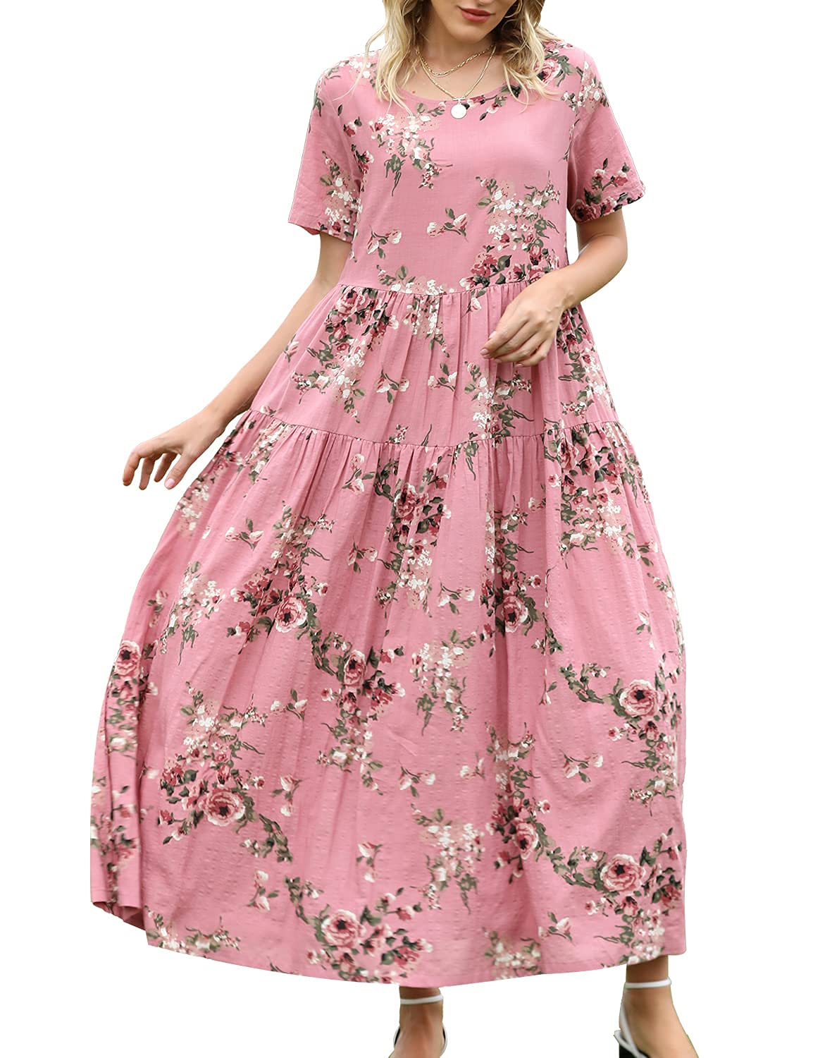 YESNO Women's Casual Loose Bohemian Floral Dress with Pockets - Short Sleeve Summer Swing Dress for Beach, Vacation & Outdoor Activities | Flowy Maxi Dress for Travel, Picnic & Boho Style