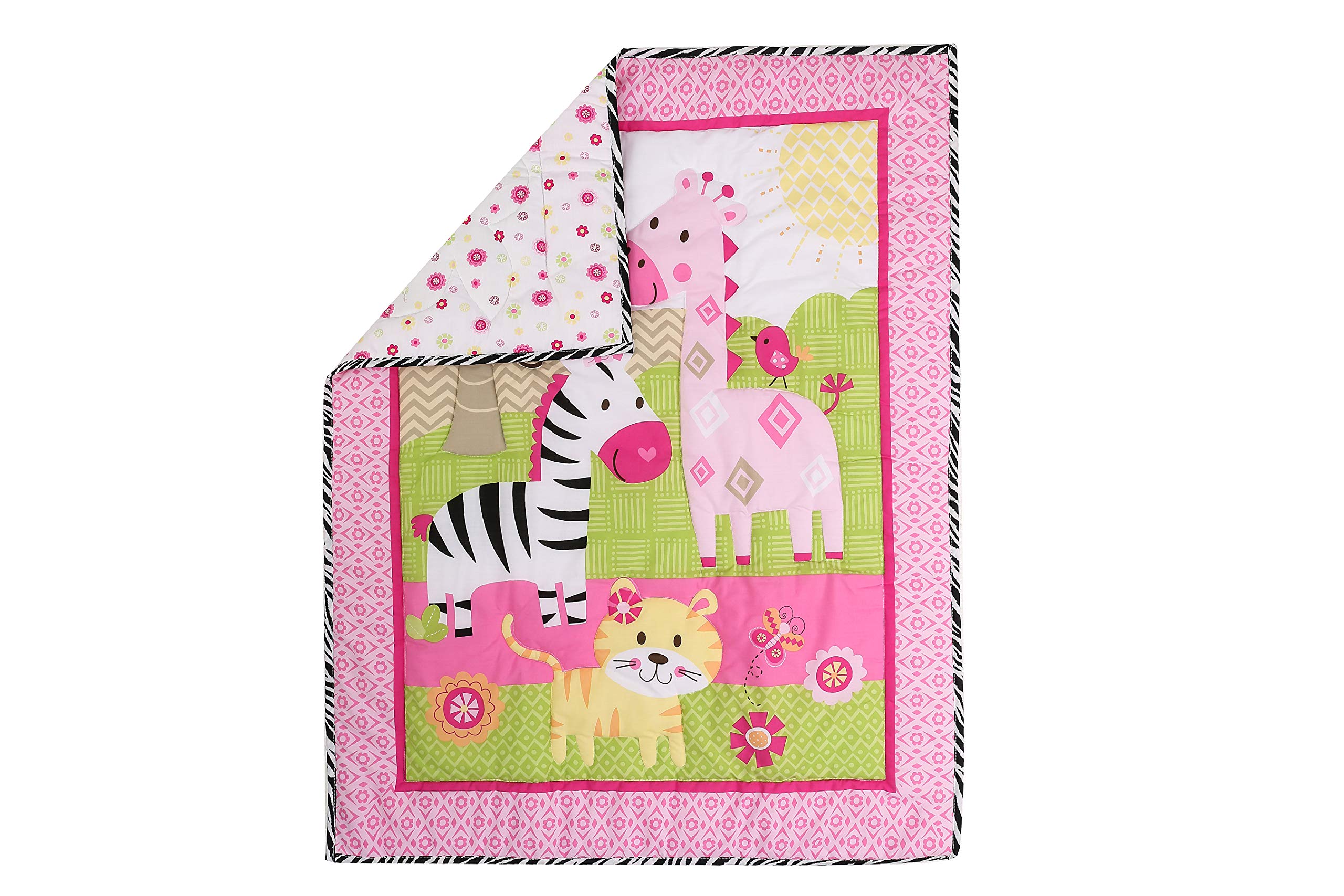 4-Piece Pink Animal Safari Nursery Crib Bedding Set for Baby Girls - Giraffe Print Crib Set with 1 Quilt, 2 Fitted Sheets & 1 Skirt - Soft Cotton Baby Bedding for Nursery Decor & Newborn Gifts