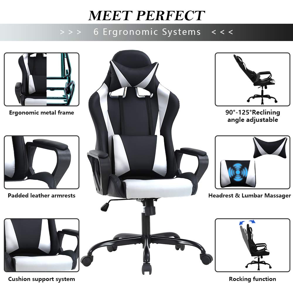 Racing Style Gaming Chair - Ergonomic High Back Office Chair with Adjustable Headrest & Lumbar Support - White Leather Computer Desk Chair for Gaming, Work & Home Office Use