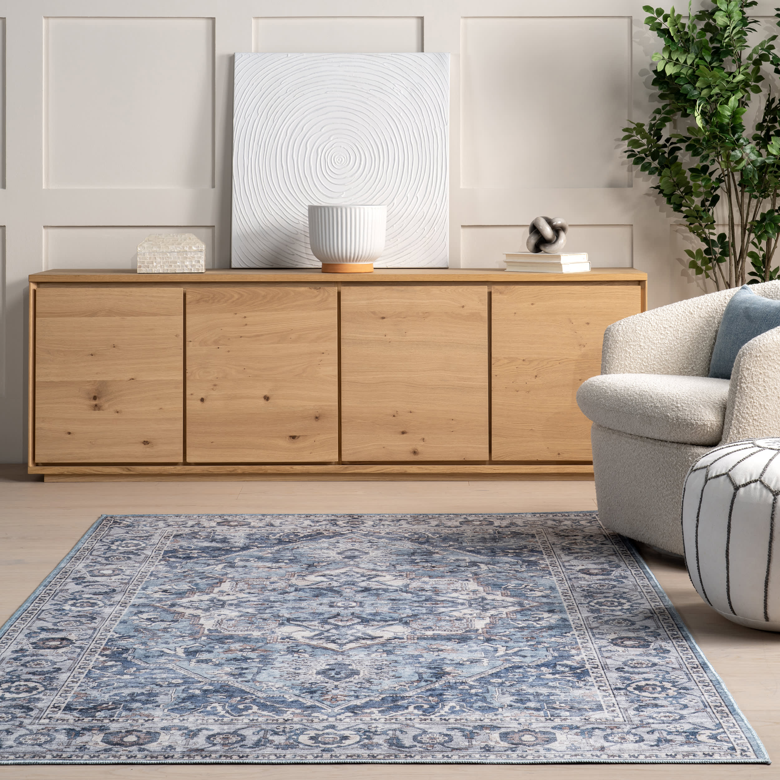 Ailish Botanical Washable Rug - Soft Non-Slip Area Rug in Blue | Perfect for Living Room, Bedroom, Nursery & Home Decor