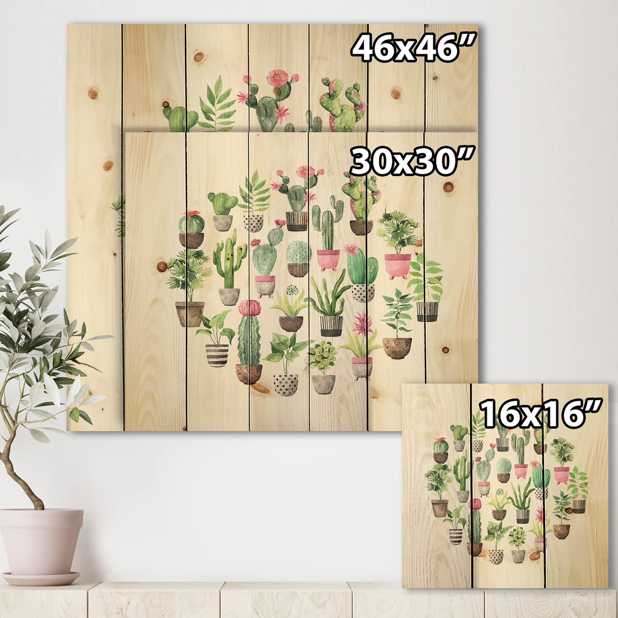 DesignQ Cacti in Ceramic Pots - Gentle Tone Botanical Wall Art Print on Natural Pine Wood | Perfect for Home, Office & Boho Decor