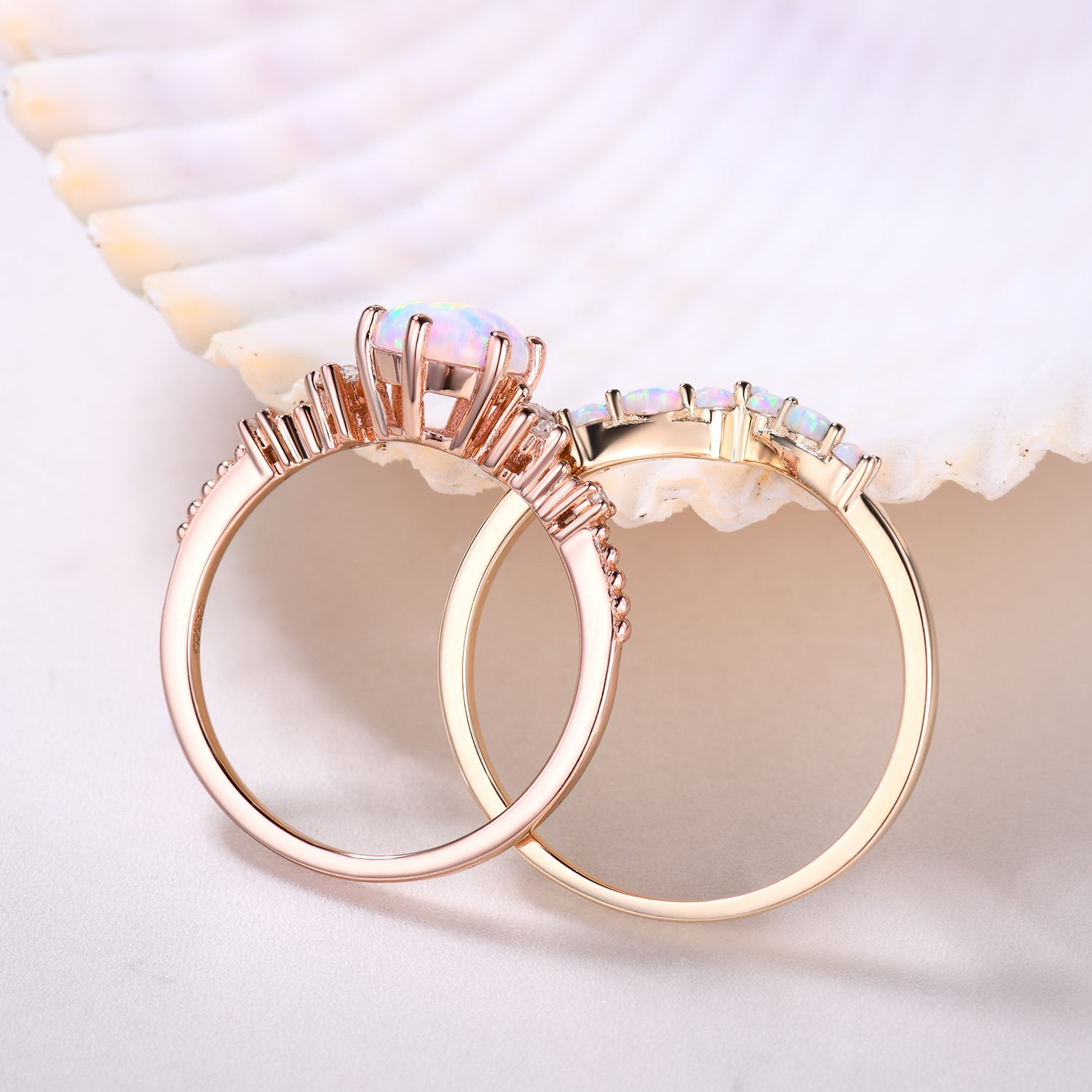 14K Solid Gold Round Opal Bridal Ring Set - Curved Wedding Band for Women, Anniversary Gift, Engagement Jewelry - Perfect for Weddings, Proposals & Special Occasions