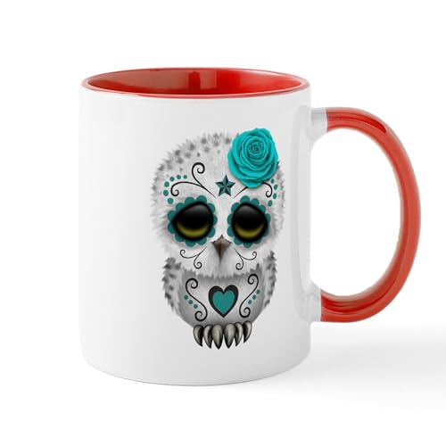 White/Red Inside - Cute Teal Blue Day Of The Dead Sugar Skull Owl Mug