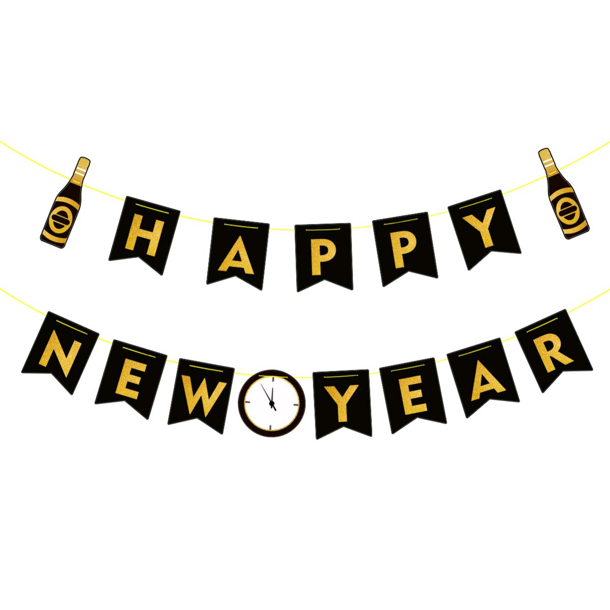 Amosfun Black and Gold New Year's Eve Party Banner Garland - Premium Holiday Decoration for Christmas & New Year Celebrations, Home Decor, Office Parties, and Festive Events