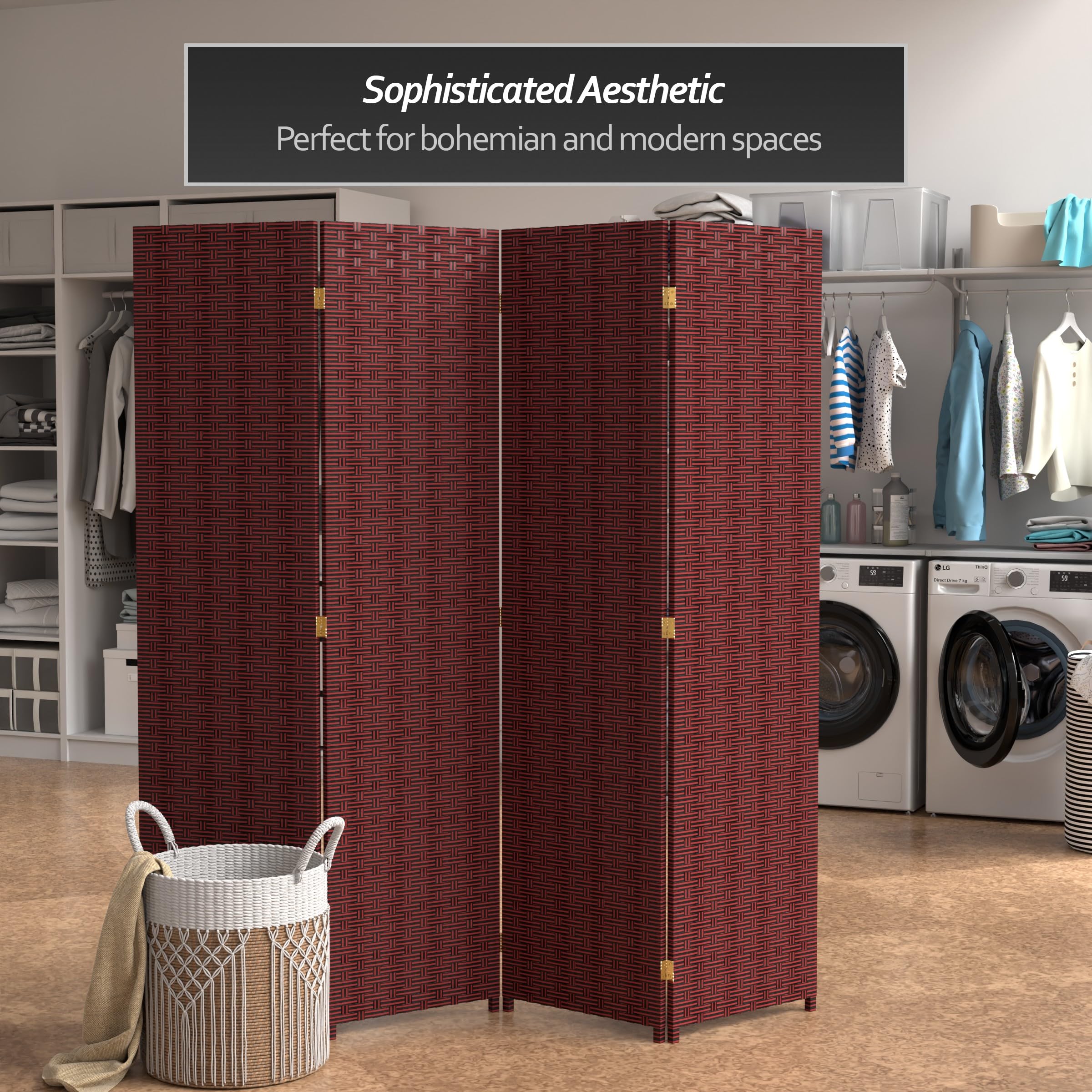 6 ft Tall Red and Black Woven Fiber Room Divider - 4 Panel Folding Privacy Screen for Home, Office, or Outdoor Use