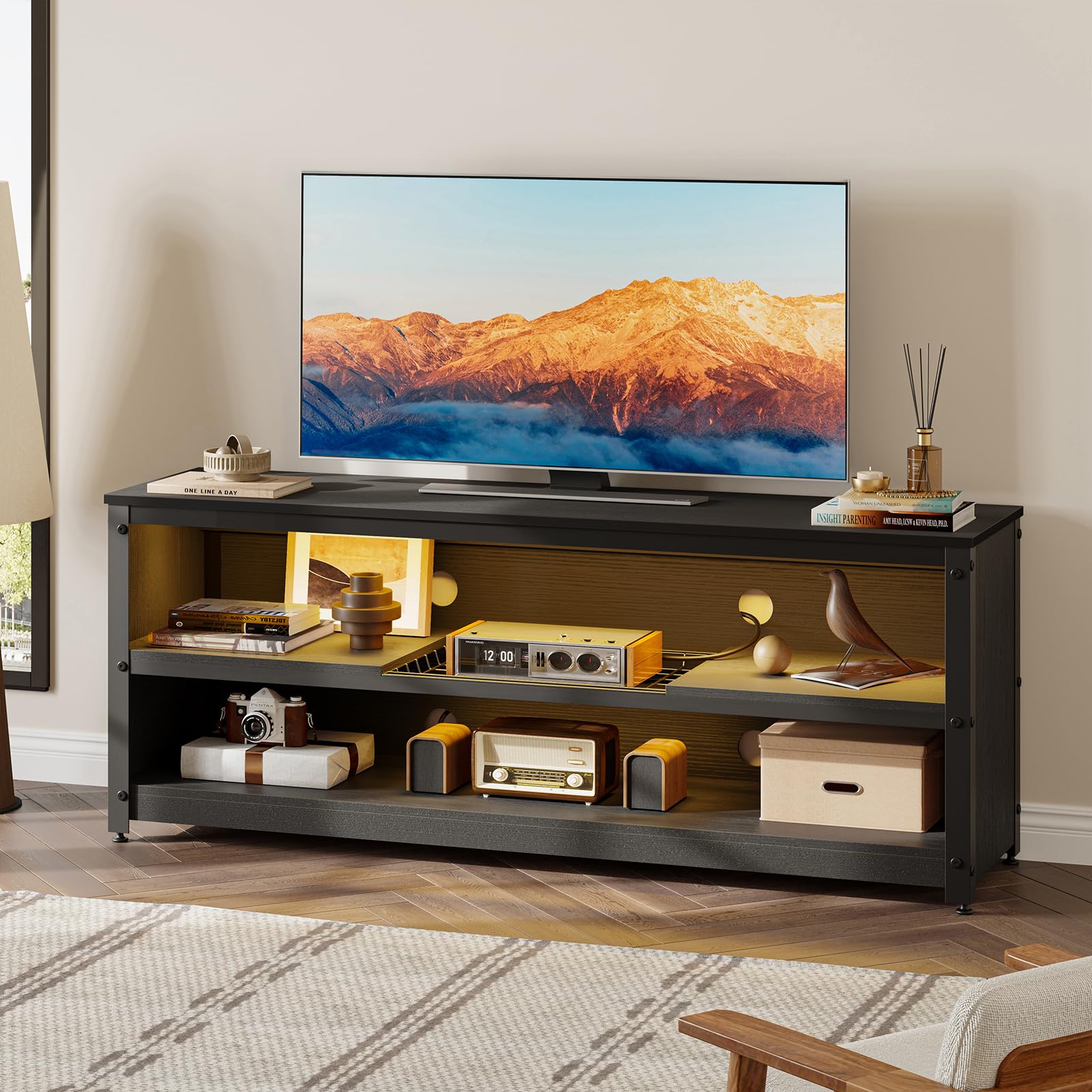 Bestier 60 Inch Gaming TV Stand with LED Lights - Modern Industrial Entertainment Center with Adjustable Shelves & Storage, Black - Perfect for Living Room, Bedroom & Game Room Setup
