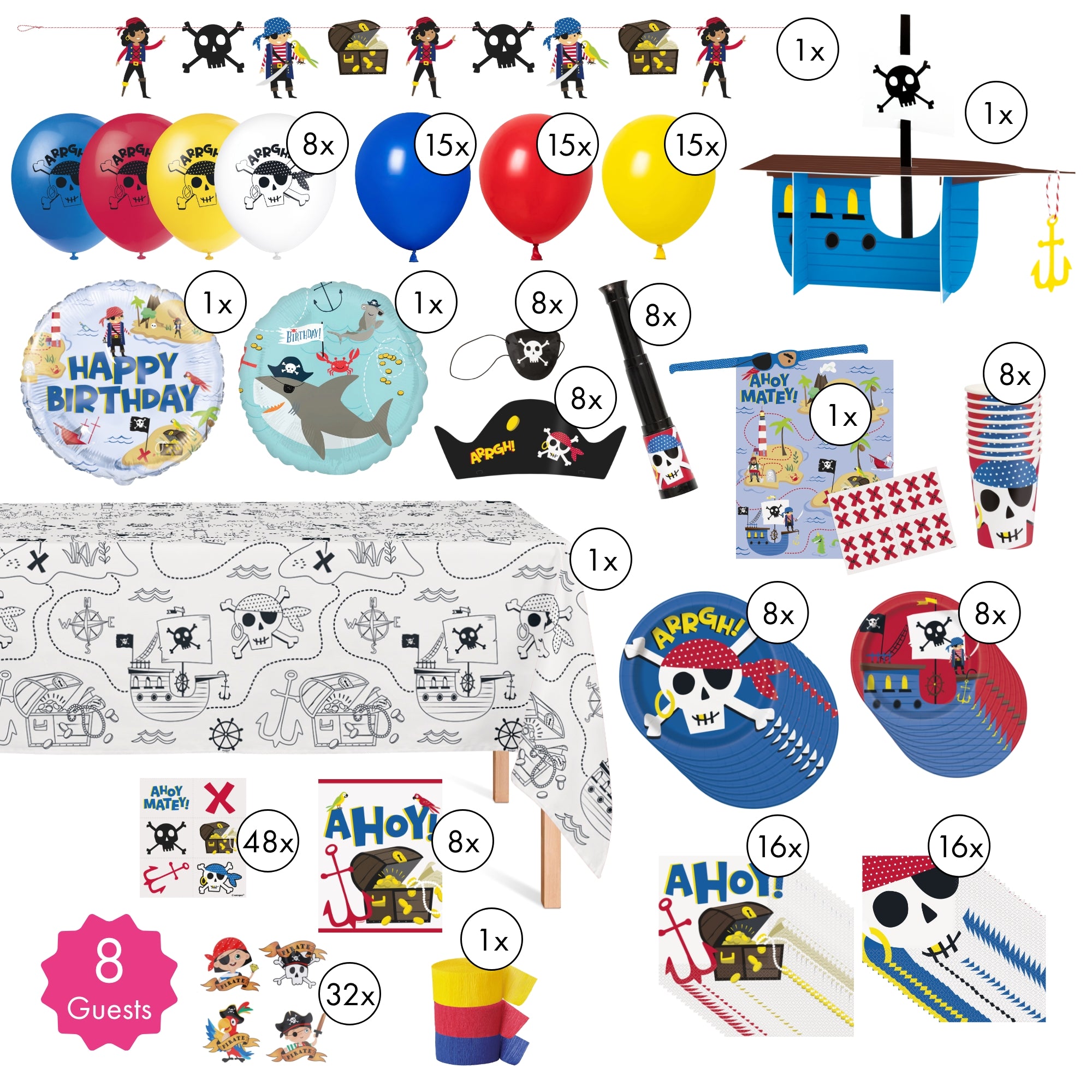 Ahoy Pirate Ultimate Birthday Party Supplies Kit for 8 Guests - Perfect for Pirate Themed Parties, Kids Birthday Decorations & Treasure Hunt Adventures