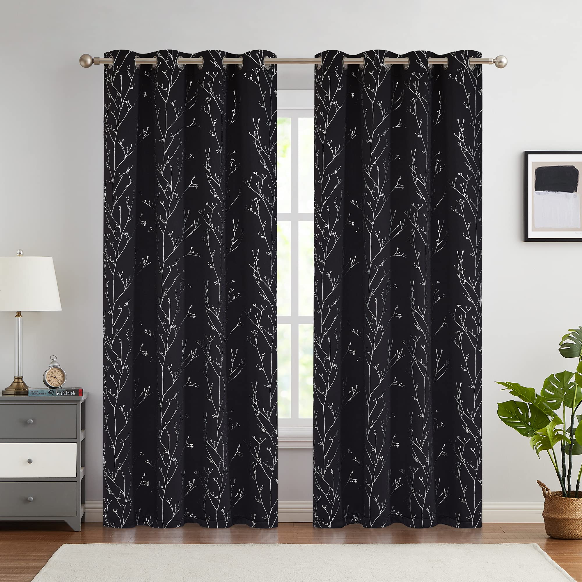 Blackout Thermal Insulated Curtains for Bedroom & Living Room - 96 Inch Foil Print Twig Tree Branch Blackout Drapes with Grommet Top, 2 Panels - Energy Saving Window Treatment for Home, Office & Nursery