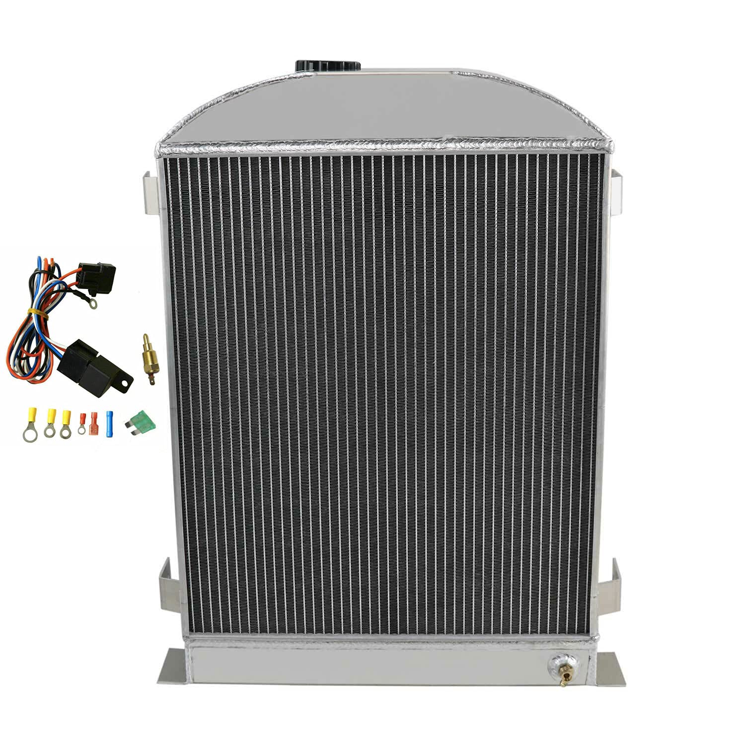 3 Row Aluminum Radiator with Shroud Fan & Relay Kit - Compatible with 1932 Ford Flathead V8 (Stock Height) - Perfect for Classic Car Restoration & Hot Rod Cooling System Upgrades