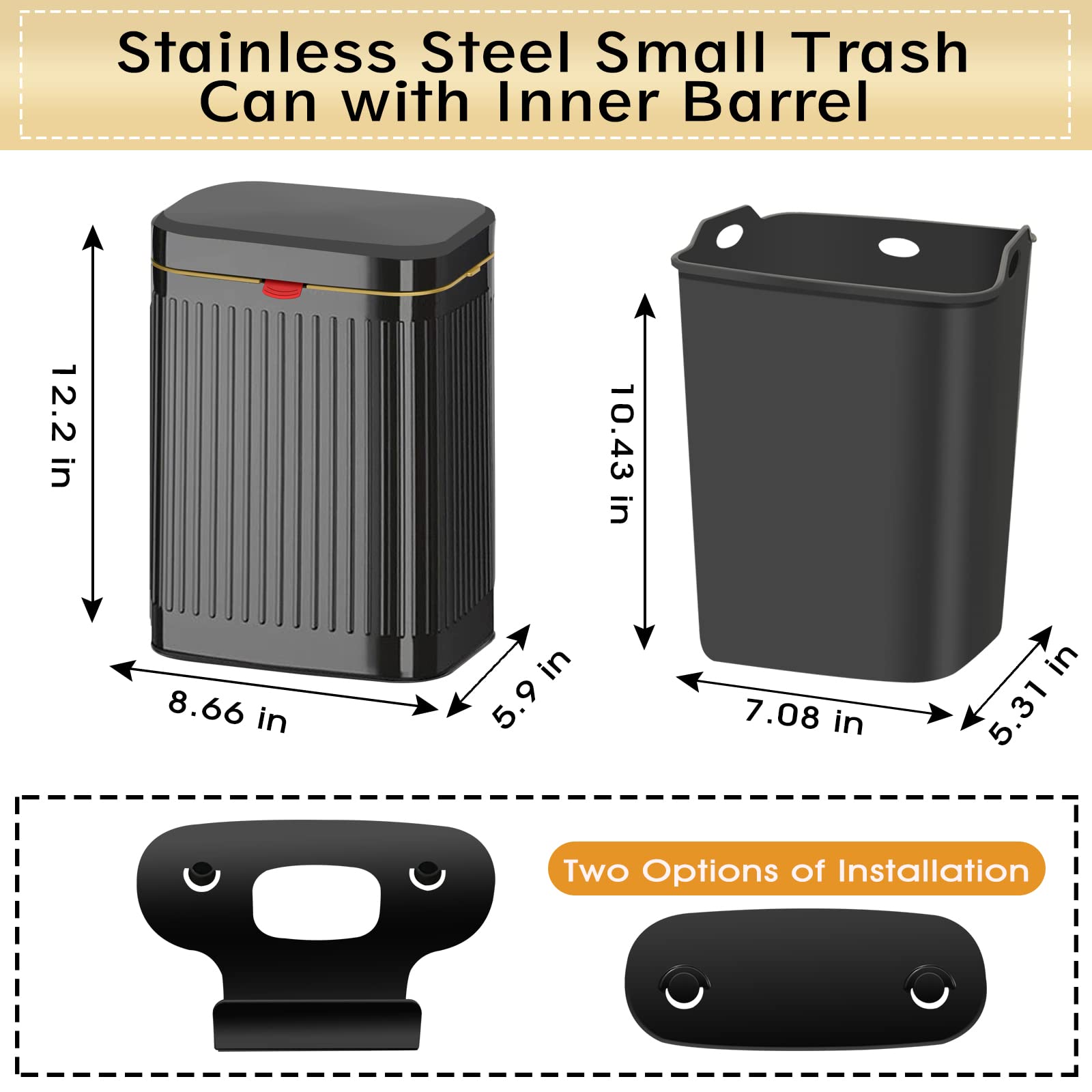 Stainless Steel Hanging Trash Can with Lid - 2.1Gal/8L Kitchen Compost Bin - Wall Mount or Countertop Trash Bin for Cabinet, Under Sink, Bathroom - Perfect for Small Spaces & Waste Sorting (Black)
