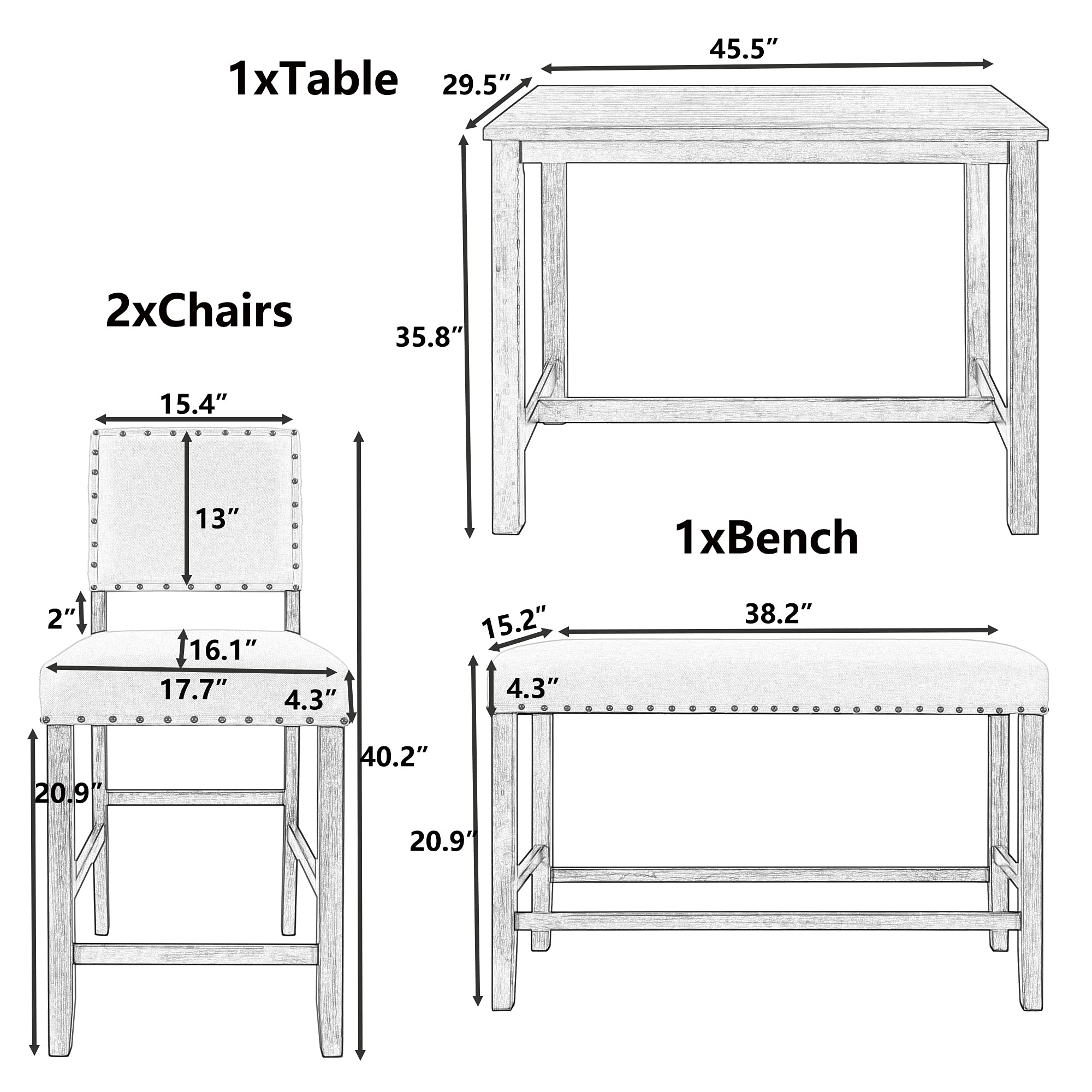 Rustic Quarte Wooden Counter Height Dining Set with 2 Upholstered Chairs & 1 Bench - Beige Kitchen Table for Small Spaces, Breakfast Nooks & Farmhouse Style Dining Rooms