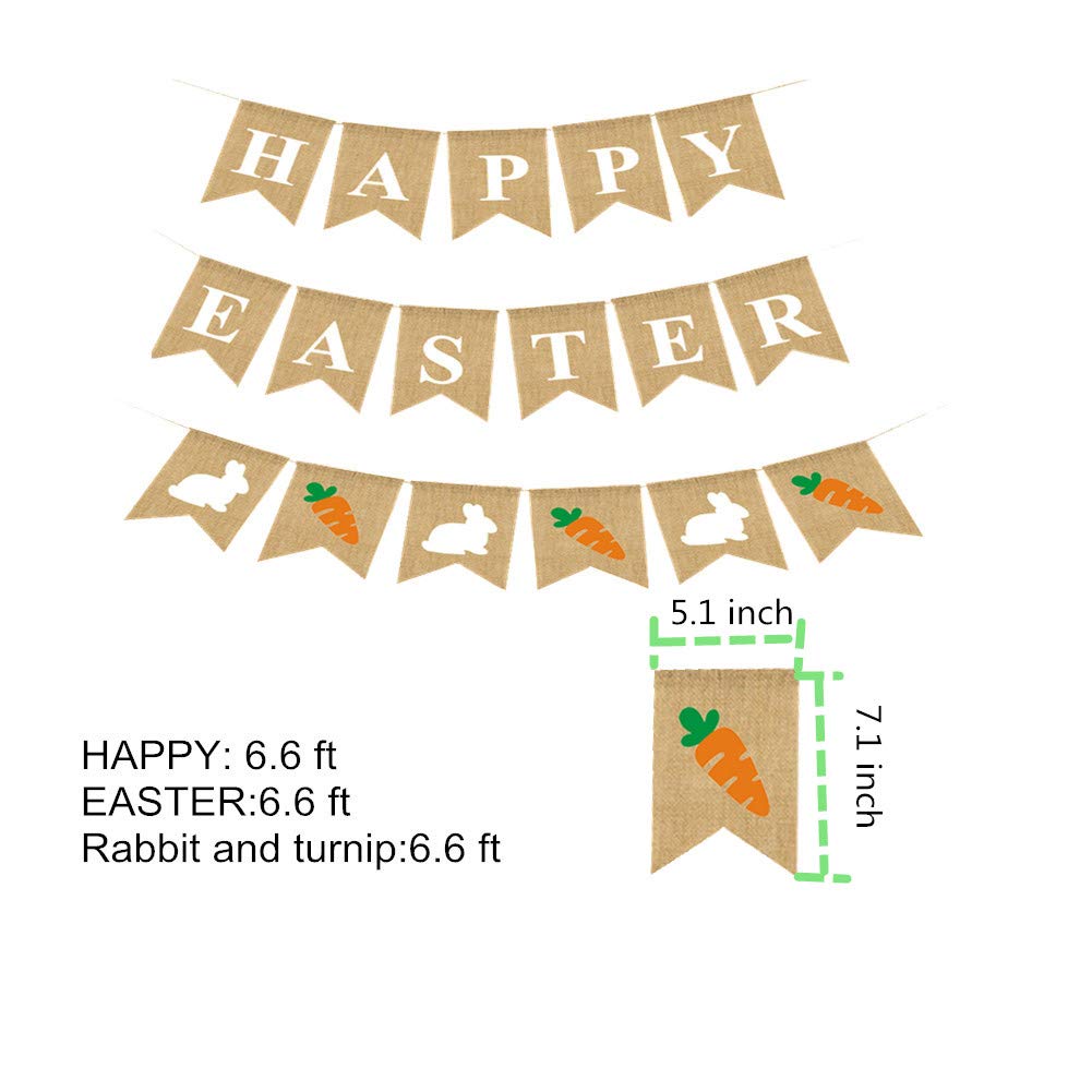 3 PCS Burlap Easter Banner - Rabbit Bunny Garland Happy Easter Bunting for Party Decorations, Spring Home Decor, Easter Egg Hunt & Outdoor Garden Party (Natural Burlap)
