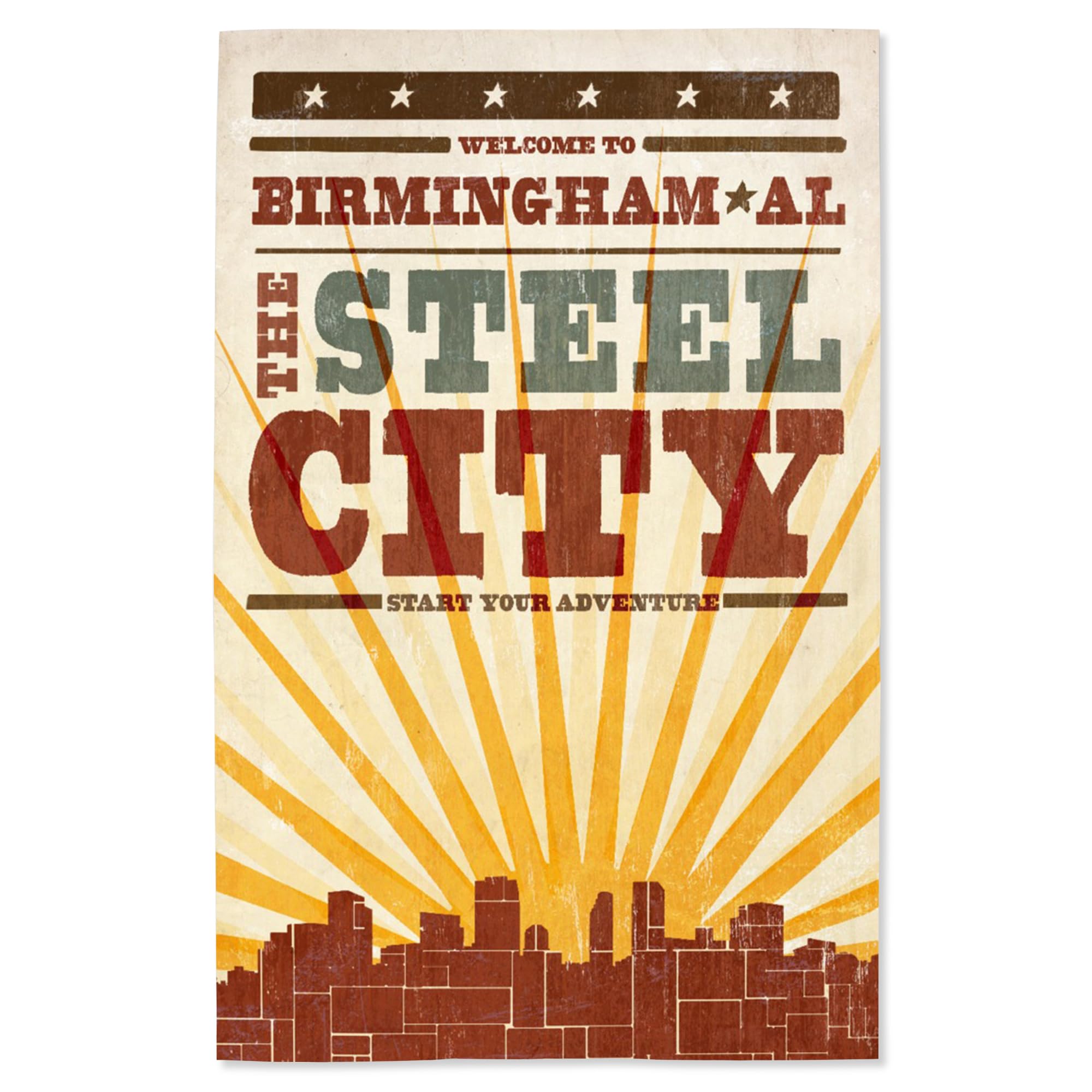 Lantern Press 16x24 Inch Giclee Art Print - Birmingham Alabama Skyline & Sunburst Screenprint Style Wall Decor | Perfect for Living Room, Bedroom or Office