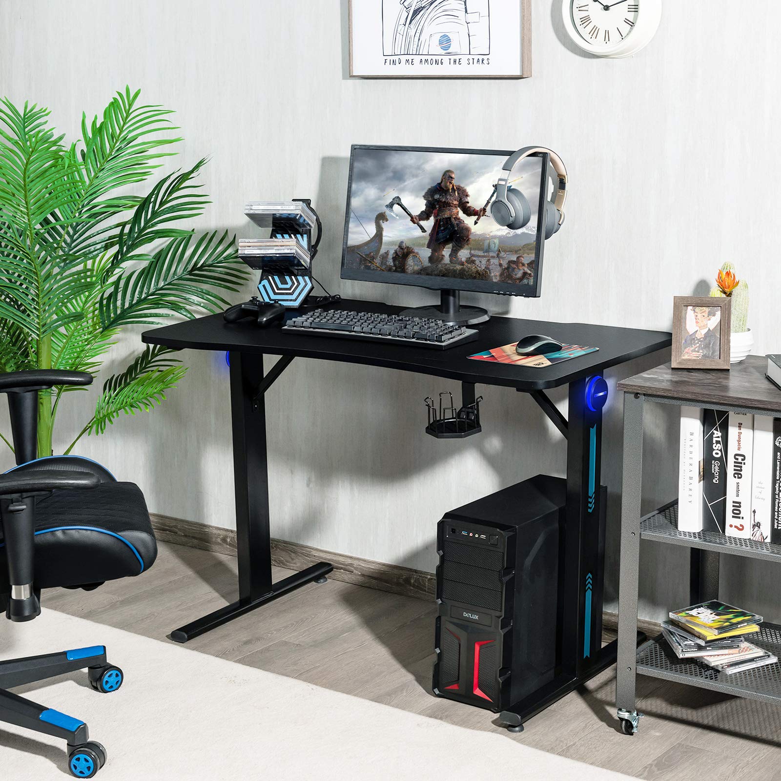 Tangkula Gaming Desk - T-Shaped Computer Desk with Controller Stand, Cup Holder & LED Lights | Ergonomic Carbon Fiber Surface for PC Gaming & Home Office Workstation (Black) | Perfect for Esports, Streaming & Remote Work Setup