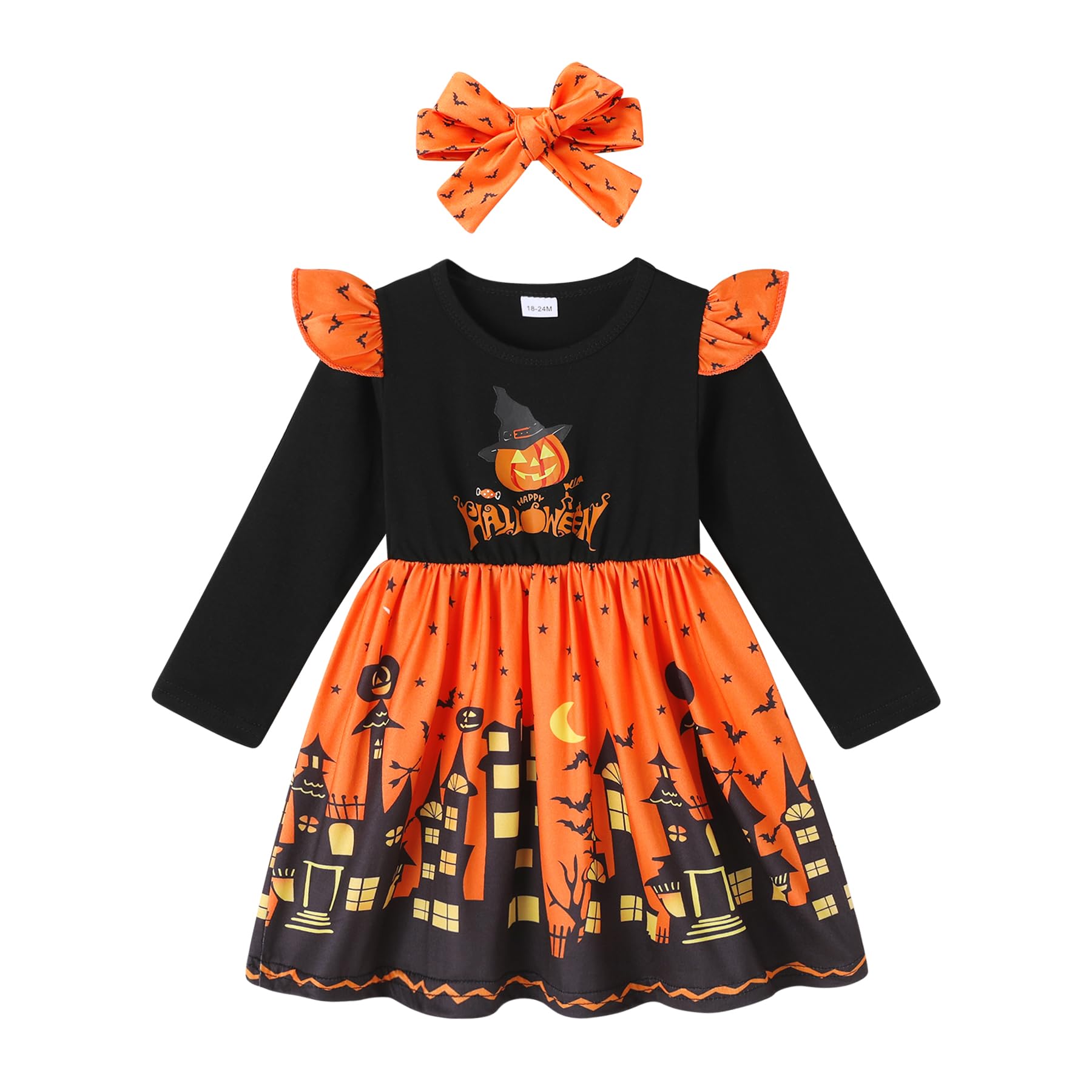YOUNGER TREE Toddler Halloween Costume - Pumpkin Ghost Print Dress with Headband for Baby Girls | Long Sleeve Party Outfit for Trick or Treat & Photo Shoots