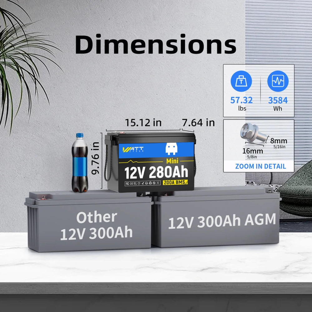 Upgraded Smart Version 12V 280Ah Mini LiFePO4 Lithium Battery - Perfect for Solar Power Systems, RVs, Marine & Off-Grid Applications