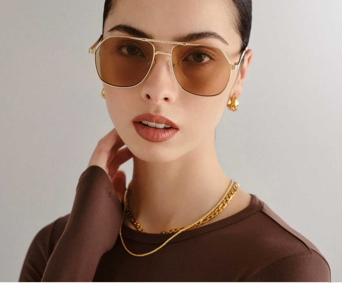 Cosmos Sunglasses for Women & Men - Bright Gold Frame with Tan Tint Lenses - UV Protection Fashion Shades for Beach, Driving & Outdoor Activities