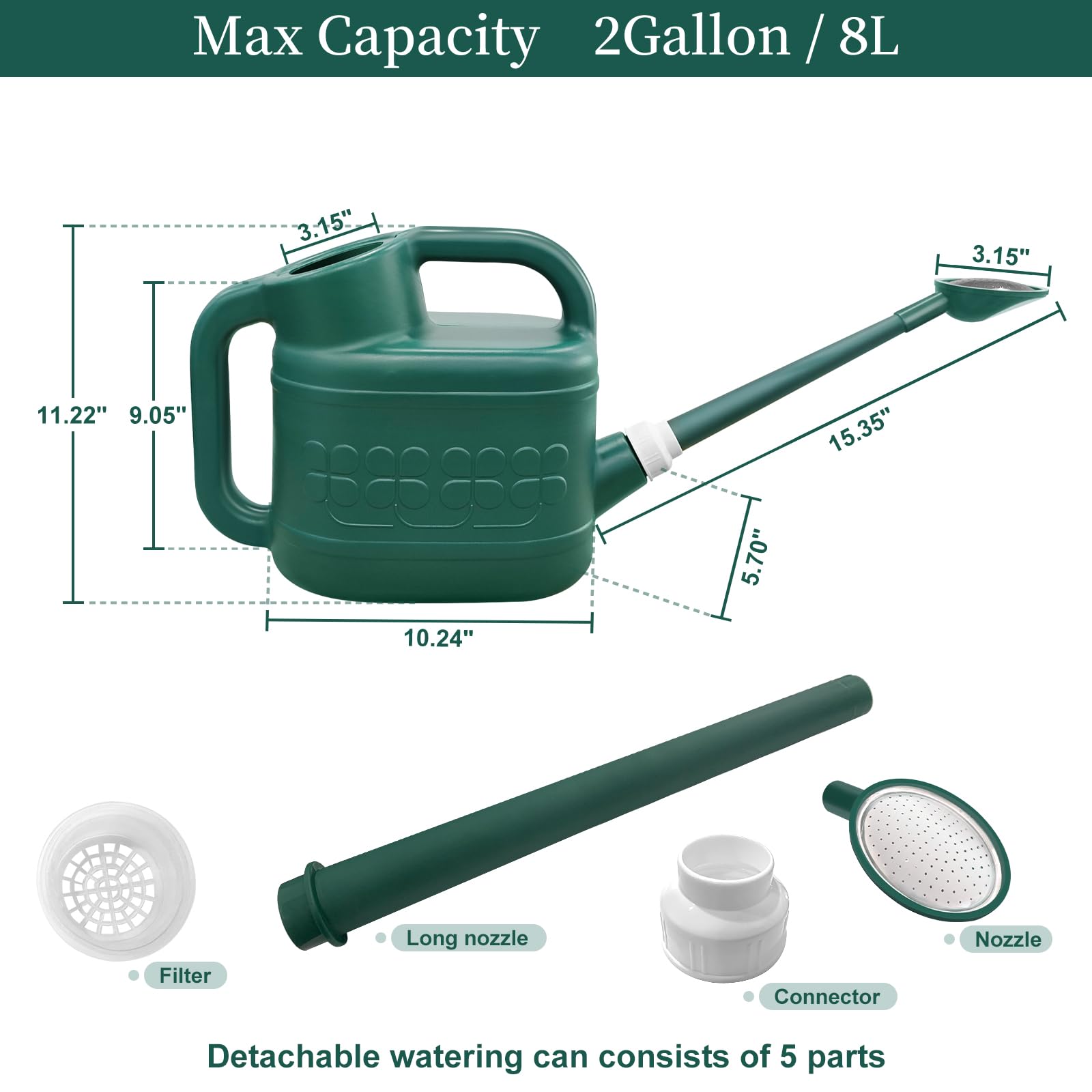 2 Gallon Watering Can for Outdoor Plants - Large Plastic Garden Watering Can with Removable Long Spout & Stainless Steel Sprinkler Head - Perfect for Flowers, Vegetables, and Indoor/Outdoor Plants