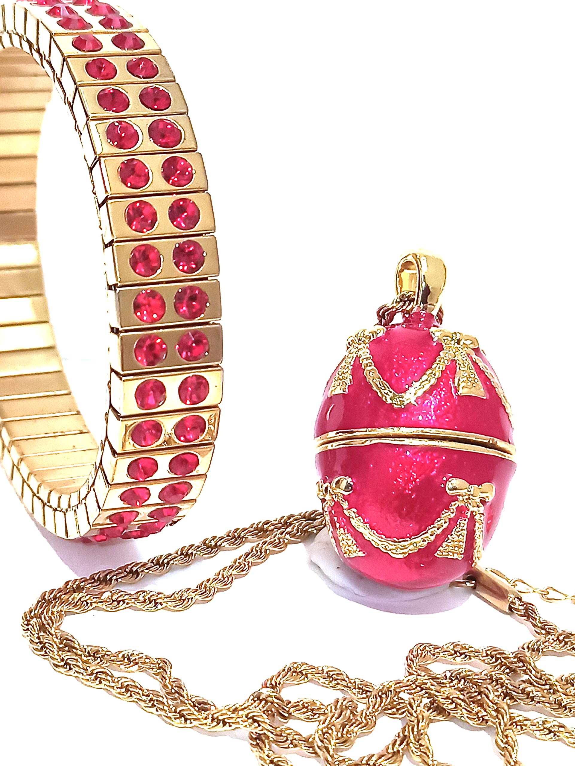 Exquisite 24k Gold Faberge Egg Necklace & Austrian Ruby Bracelet Set - 2ct Handmade Jewelry for Women | Valentine's Day Gifts, Graduation Presents, Birthday Party Accessories for Teen Girls | Perfect for Special Occasions, Prom Nights & Formal Events