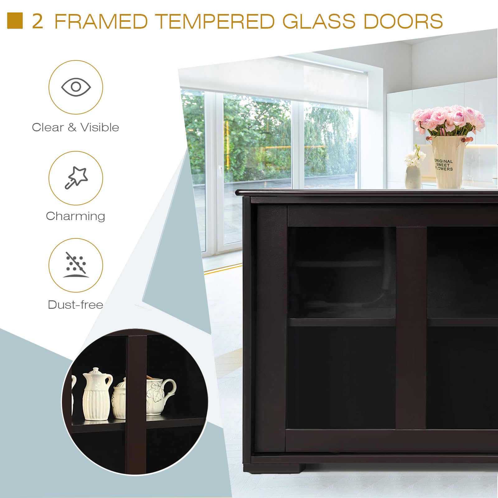 Stackable Sideboard Buffet Cabinet with Adjustable Shelf & Glass Sliding Doors - Wooden Credenza Storage Table for Kitchen, Dining Room, Living Room & Entryway - Perfect for Coffee Bar Setup, Home Organization & Stylish Storage Solutions