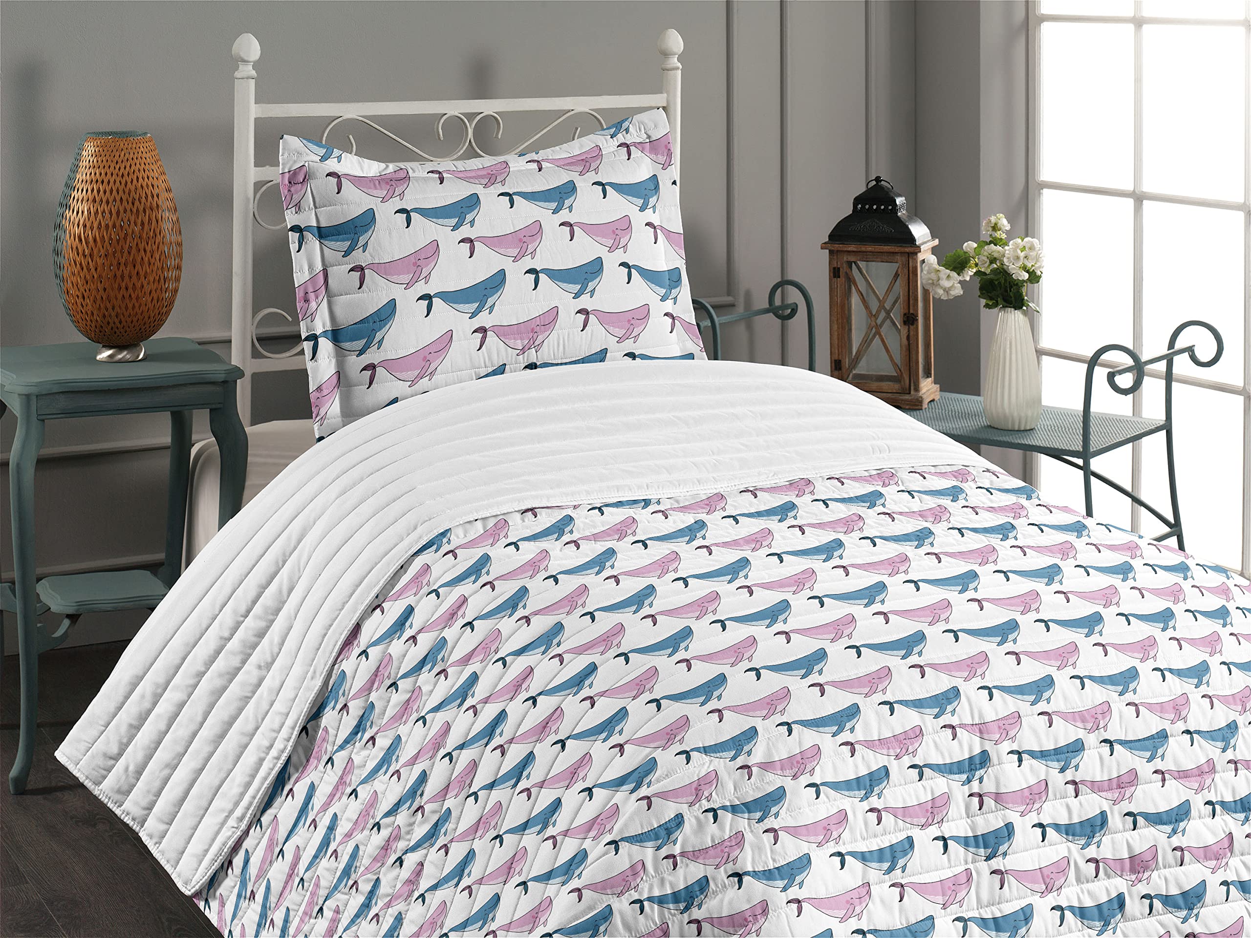 Ambesonne Whale Microfiber Bedspread Set - Twin Size Blue Lilac & White | Sea Animals Doodle Pattern with Smiling Fish | Soft Comforter & Pillow Sham | Perfect for Kids' Rooms, Beach Themed Decor & Cozy Bedrooms