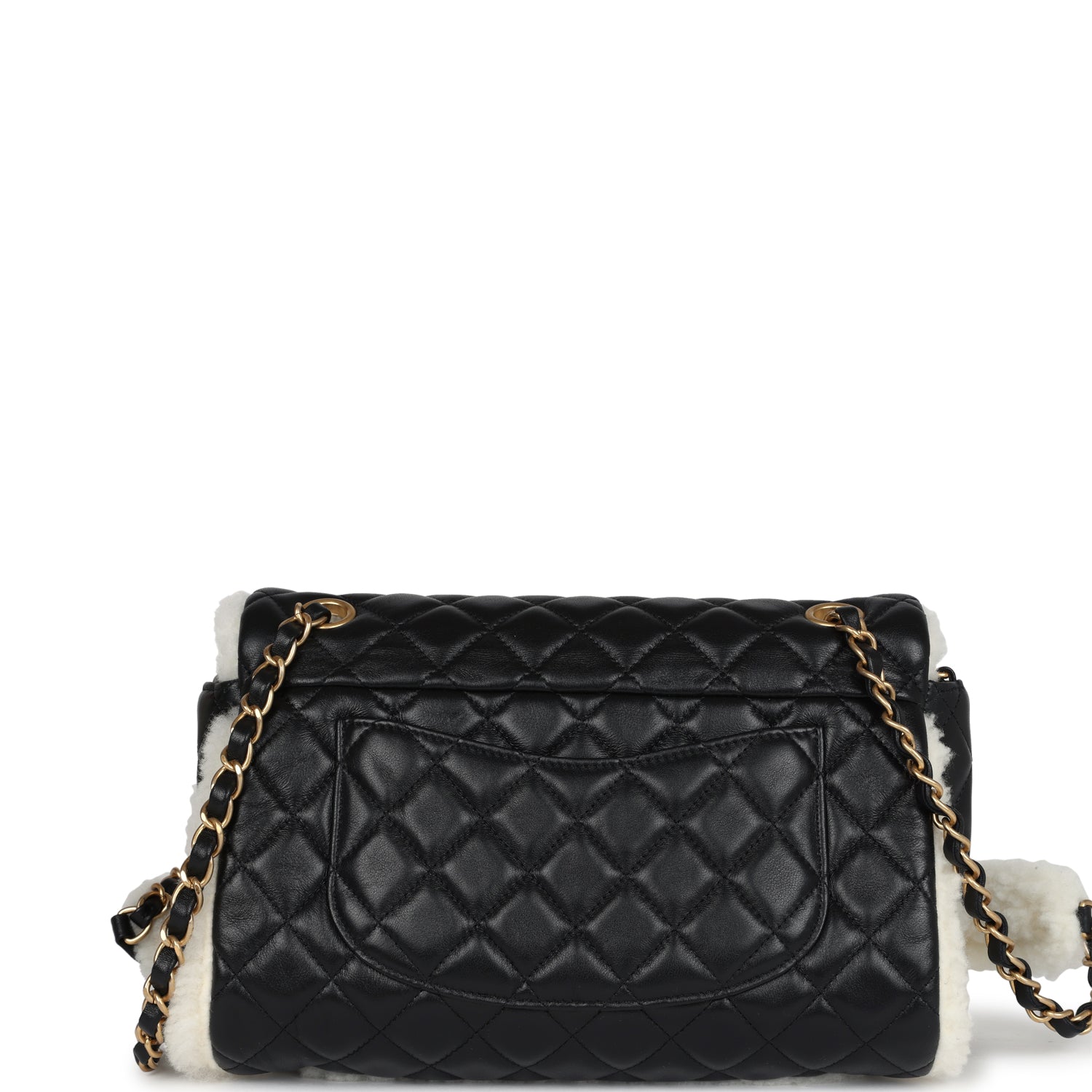Chanel Medium Muff Shearling Flap Bag - Black & White Lambskin with Shearling Trim & Brushed Gold Hardware | Luxury Winter Crossbody Bag for Women, Perfect for Parties & Holiday Outfits