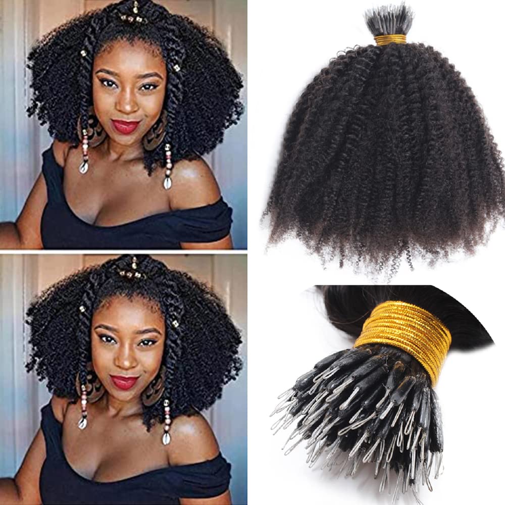 18 Inch Afro Kinky Curly Nano Ring Human Hair Extensions - Pre Bonded Mongolian Remy I-Tip Micro Beads for Small Microlinks (100g, 100 Strands, Natural Black) | Perfect for Protective Styles, Braids, and Natural Hair Volume Boost