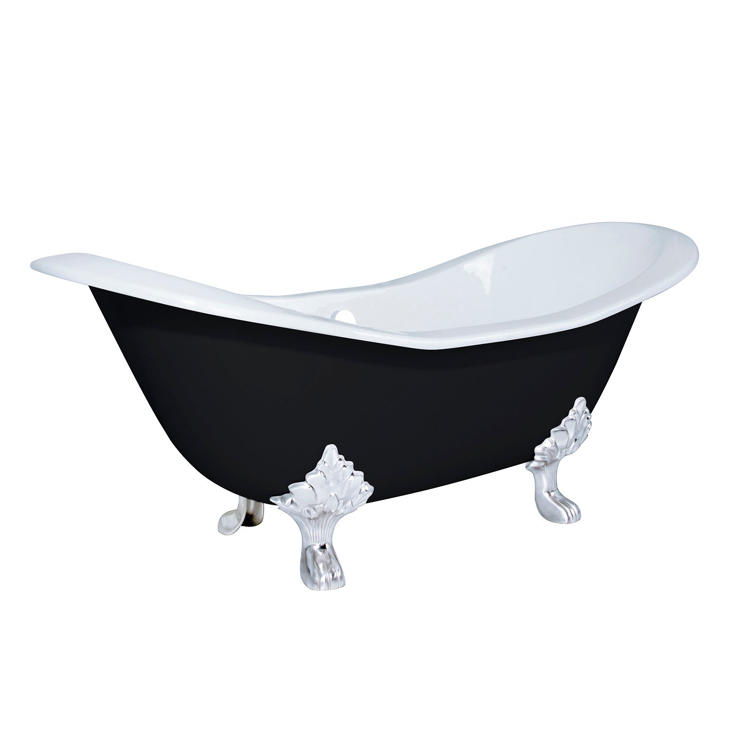 72 Inch Cast Iron Oval Double Slipper Clawfoot Bathtub - Black/White/Polished Chrome Finish, No Faucet Drillings | Vintage Freestanding Soaking Tub for Luxury Bathroom & Spa Retreat