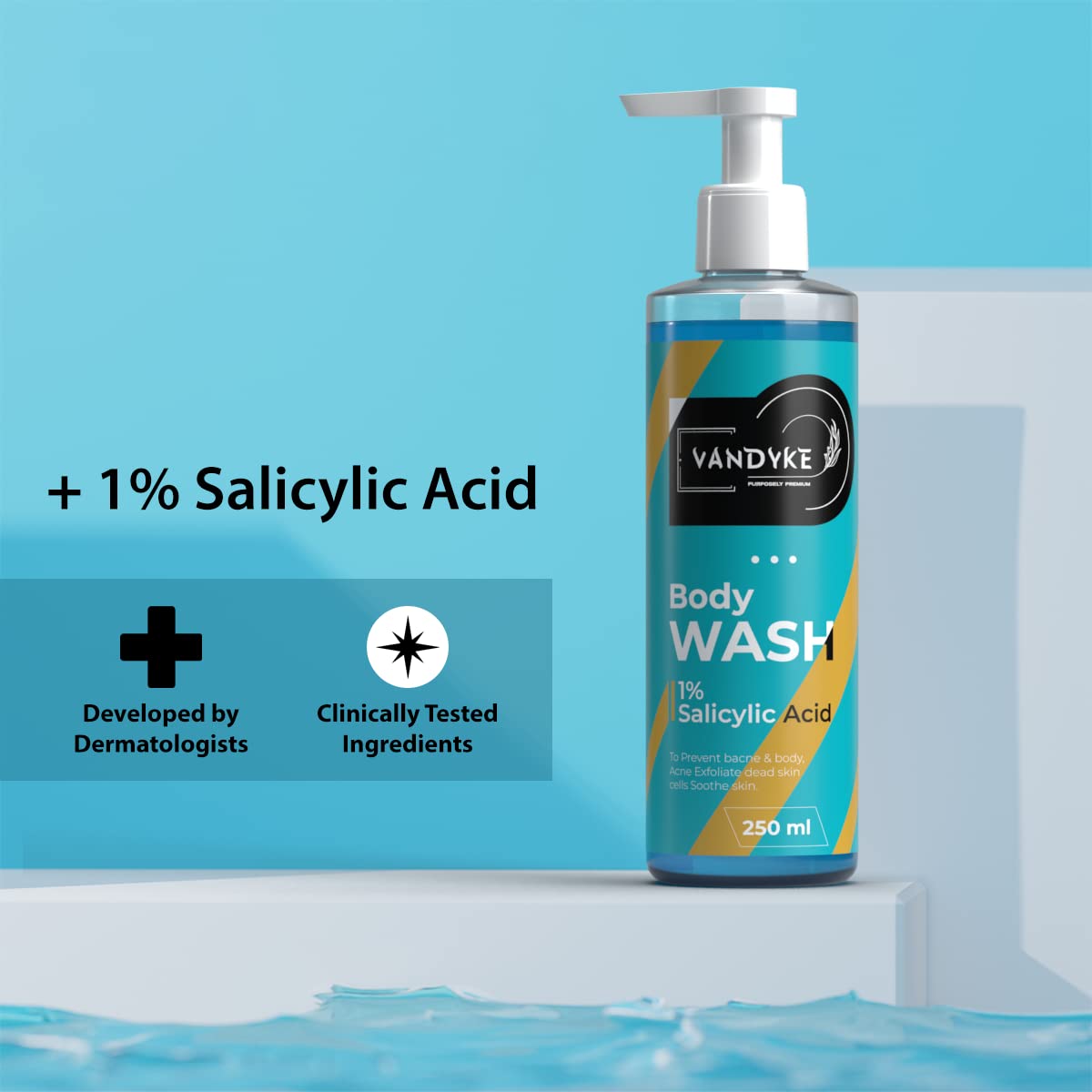 Vandyke 1% Salicylic Acid Body Wash for Acne Treatment - Paraben & SLS Free Shower Gel (250ml) - Gentle Exfoliating Cleanser for Back, Chest & Shoulder Acne - Perfect for Daily Skincare Routine