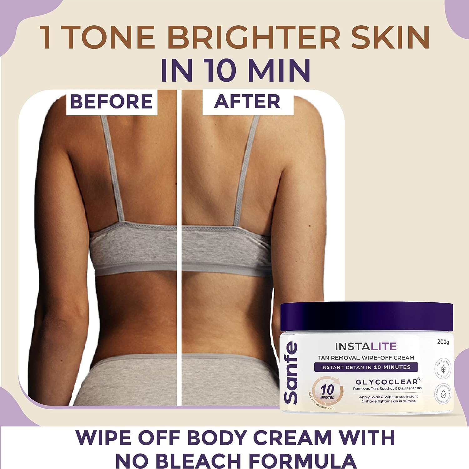 Sanfe Detan Cream Instalite Tan Removal Wipes 200gm | Glycoclear Technology for 1 Tone Brighter Skin in 10 Minutes | Legs, Arms, Underarms & Back Tan Removal | Glowing Skin Care | Perfect for Beach, Pool & Outdoor Activities