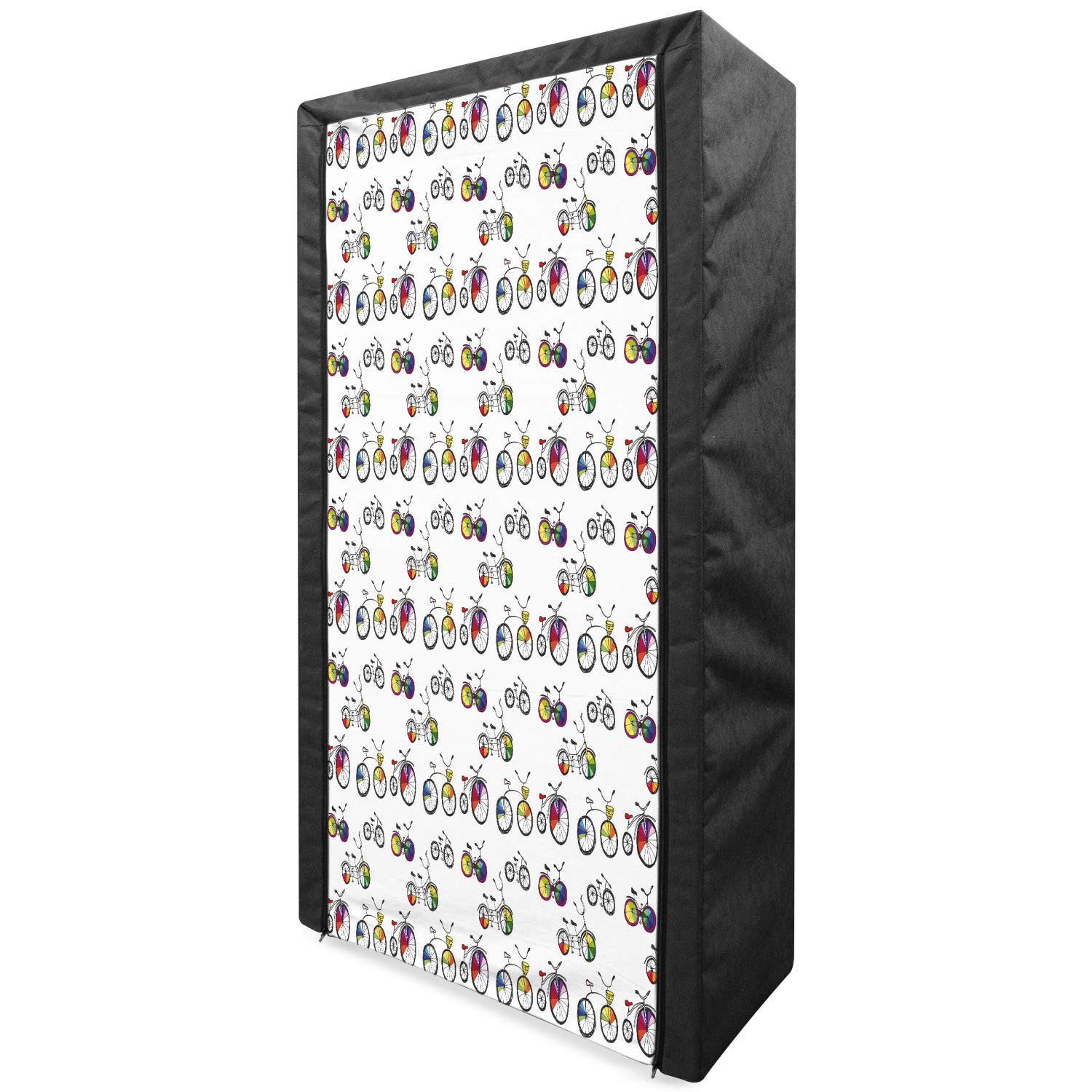 Ambesonne Portable Fabric Wardrobe for Bicycle Lovers - Hand Drawn Penny-Farthing & City Bike Design with Colorful Rims, 33.5
