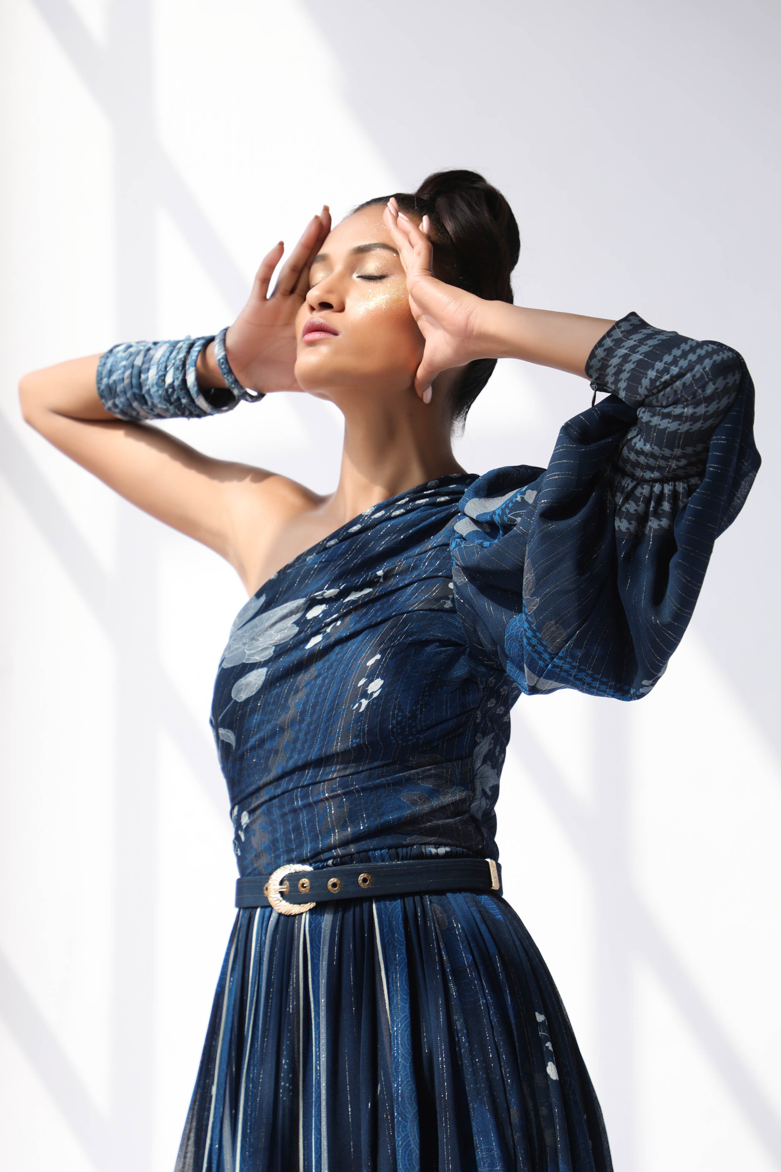 Elegant Indigo Blue Floral Print One Shoulder Dress with Adjustable Belt - Perfect for Cocktail Parties, Date Nights & Summer Weddings