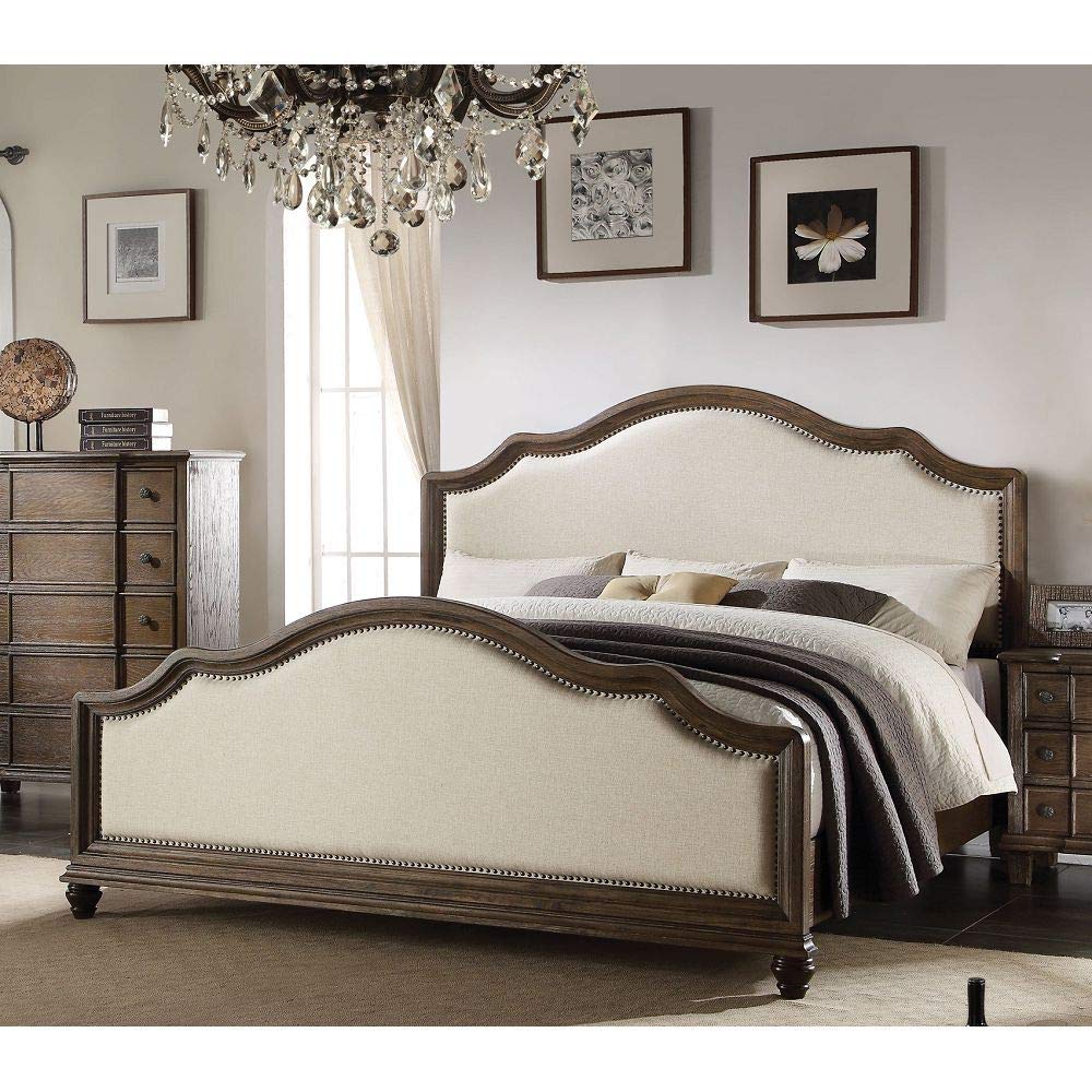 Linen Upholstered Queen Size Bed Frame in Beige - Distressed Weathered Finish for Farmhouse & Rustic Bedroom Decor