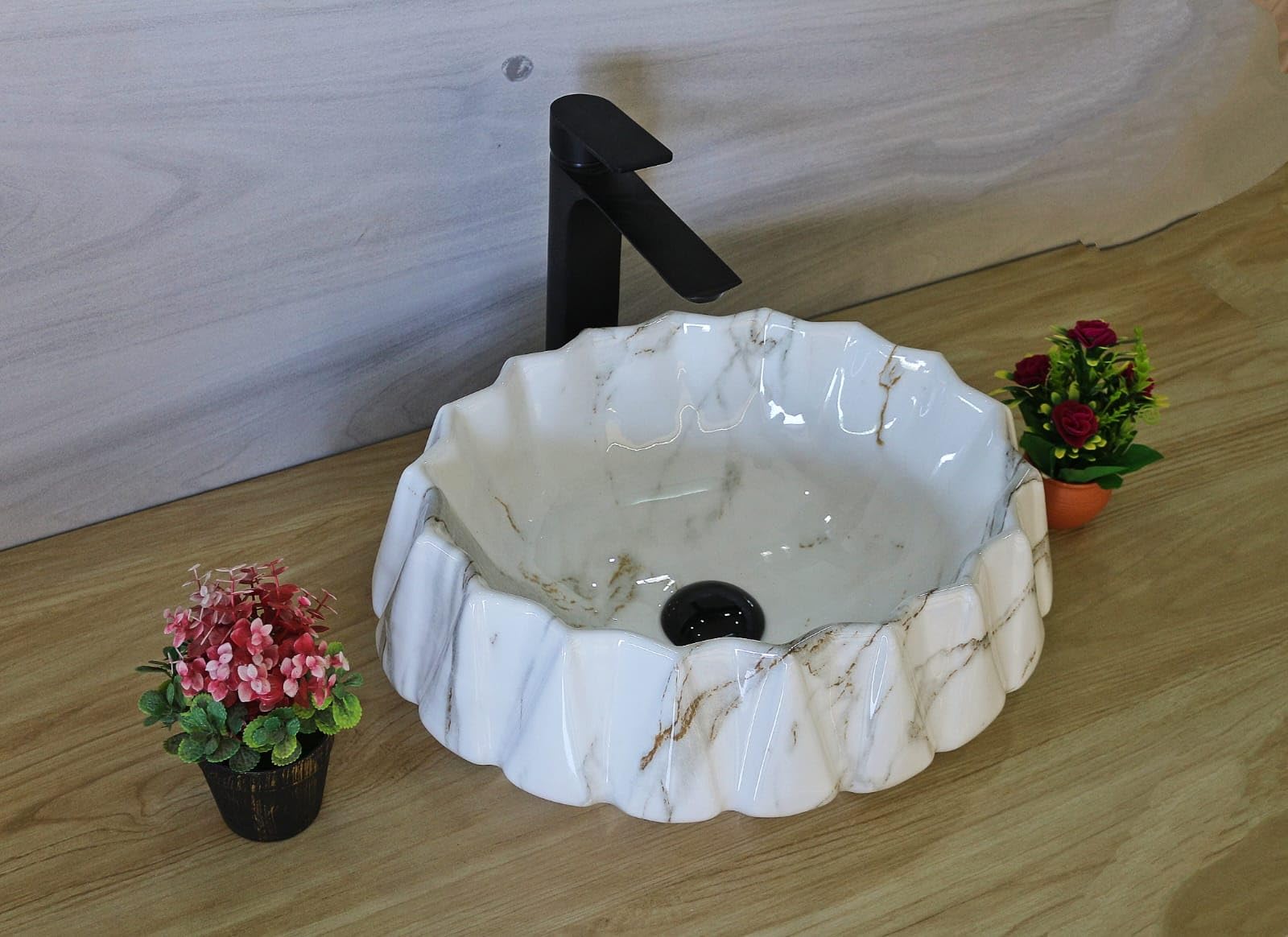 NEXIS Designer Glossy Finish Ceramic Vessel Sink - 16x16x5 Inch Art Wash Basin for Bathroom Vanity | Modern Table Top Sink in Lizza 603 White Brown | Perfect for Contemporary Home & Luxury Hotel Decor