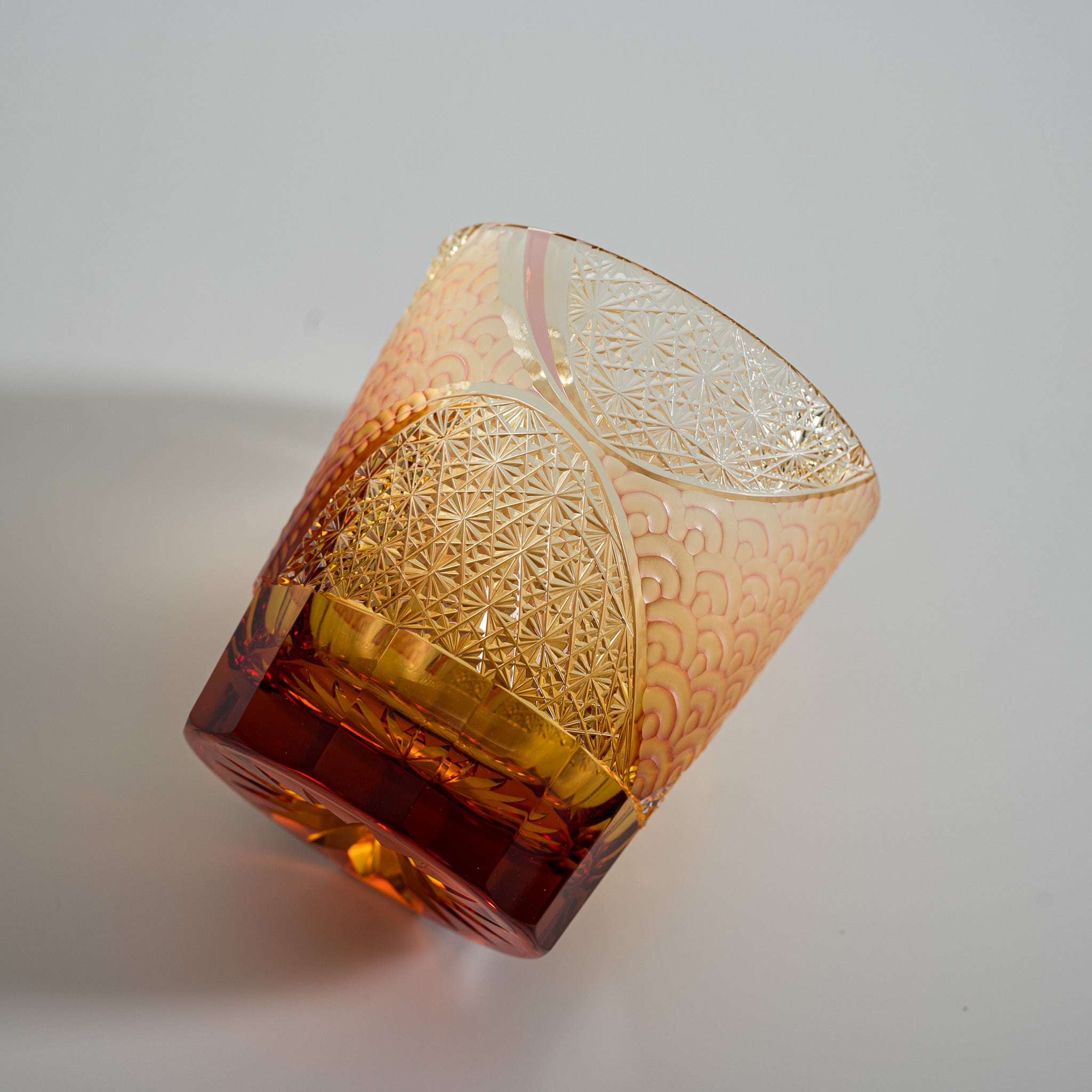 Yamada Crystal Glass Rock Glass - Wave Design Amber Red Whiskey Glass for Bourbon, Scotch & Cocktails - Perfect for Home Bar, Gifts & Parties