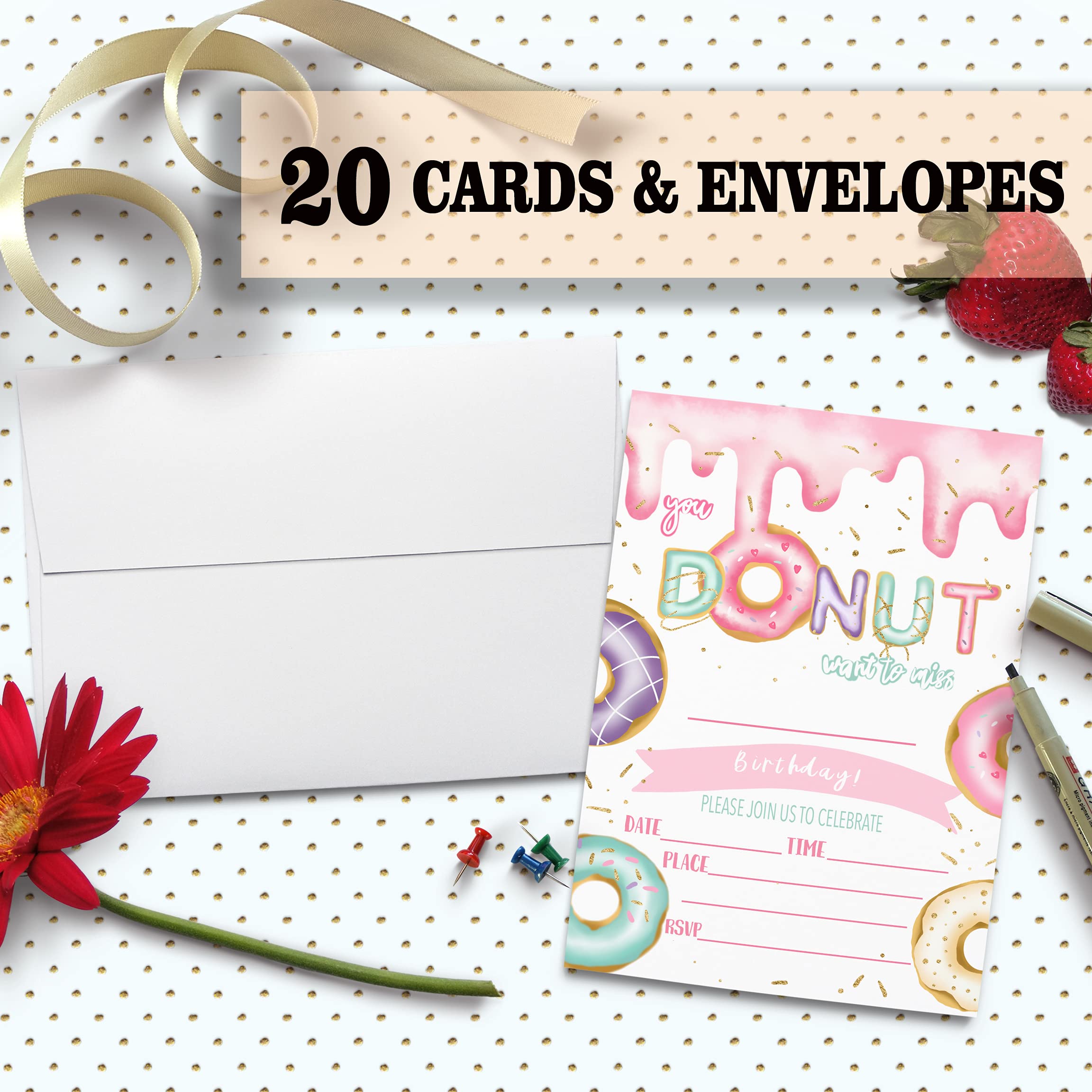 Donut-Themed Birthday Party Invitation Cards Set - 20 Premium Cards with Matching Envelopes for Kids' Celebrations, Baby Showers & Special Events - Sweet Doughnut Party Supplies & Favors