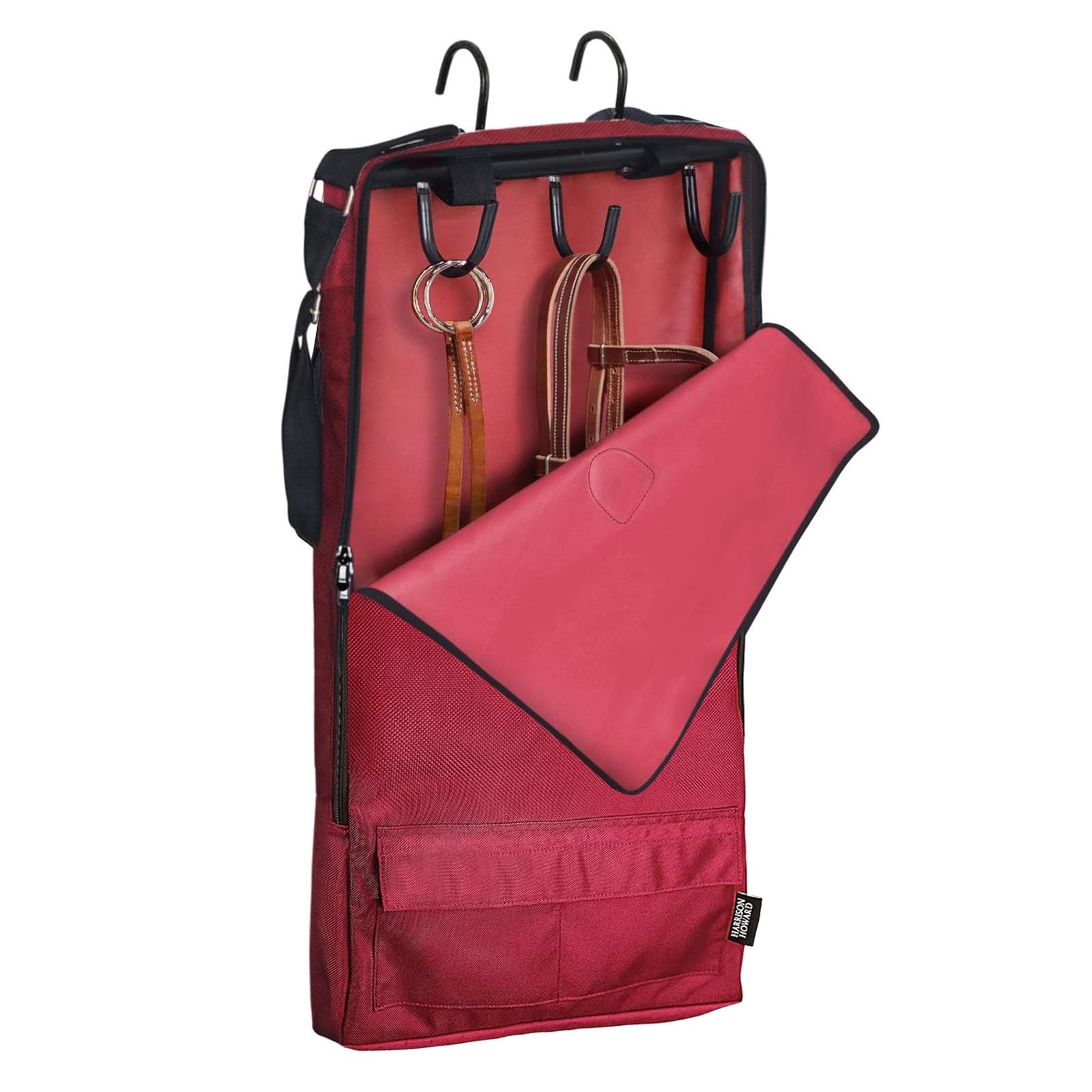 Harrison Howard Waterproof Horse Tack Carry Bag with 3-Prong Tack Rack - Durable Bridle/Halter Storage for Equestrian Gear (Burgundy) - Perfect for Horse Shows, Trail Rides & Stable Organization
