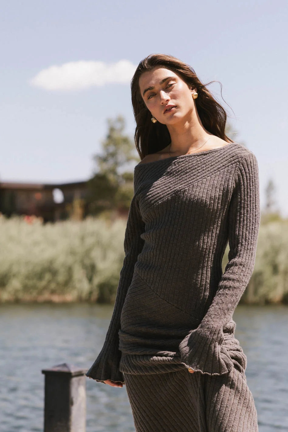 Grove Ribbed Maxi Dress in Charcoal - Women's Long Sleeve Bodycon Dress for Casual, Party & Evening Wear - FINAL SALE