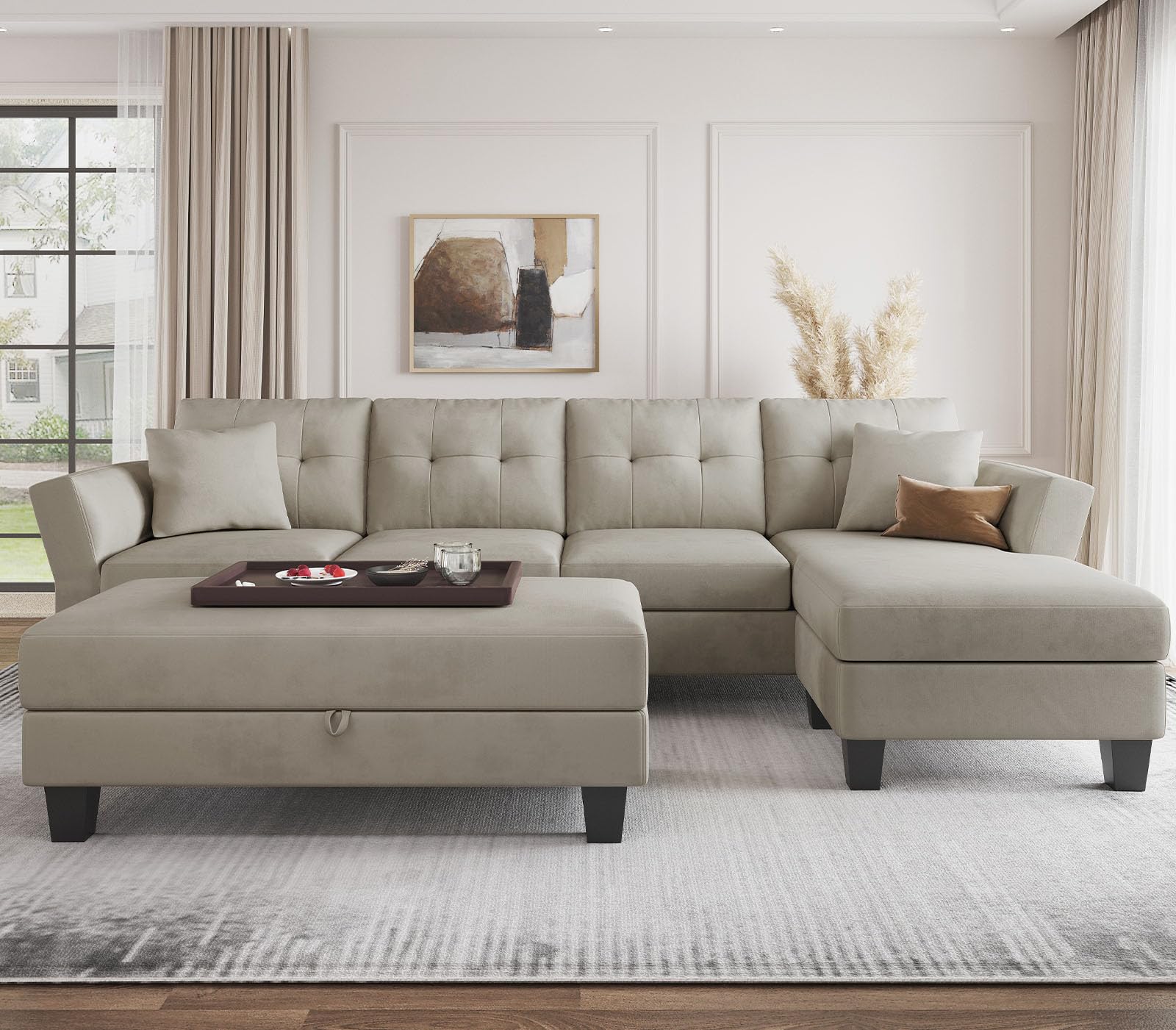 Belffin Velvet Convertible L-Shaped Sectional Sofa with Reversible Chaise & Storage Ottoman - Modern Living Room Furniture in Light Grey - Perfect for Small Spaces, Apartments and Cozy Home Decor