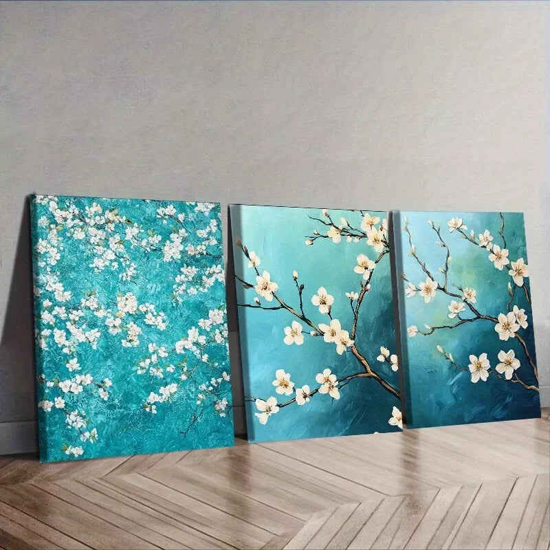 3-Piece Green and White Blooming Almond Trees Wall Art Set - Framed Canvas 50x70cm - High Quality Print - 100% Australian Made - Ready to Hang - Perfect for Living Room, Bedroom, or Office Decor